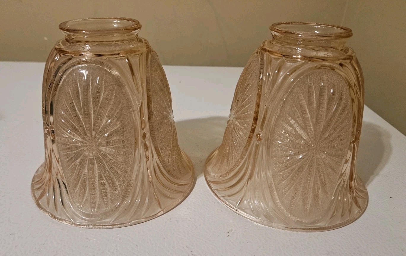 Vintage Brooke Crescent Pink Bell Shaped Depression Glass Lamp Shades - Set Of 2