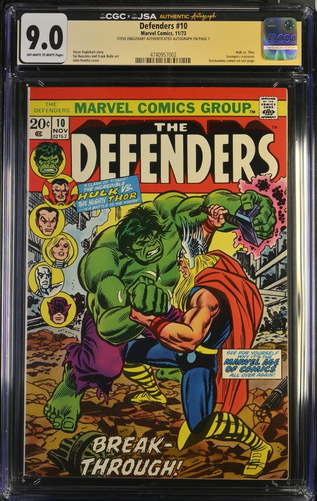 ⚡ Defenders #10 CGC x JSA 9.0 OWW Steve Englehart SIGNED Hulk vs Thor 1973