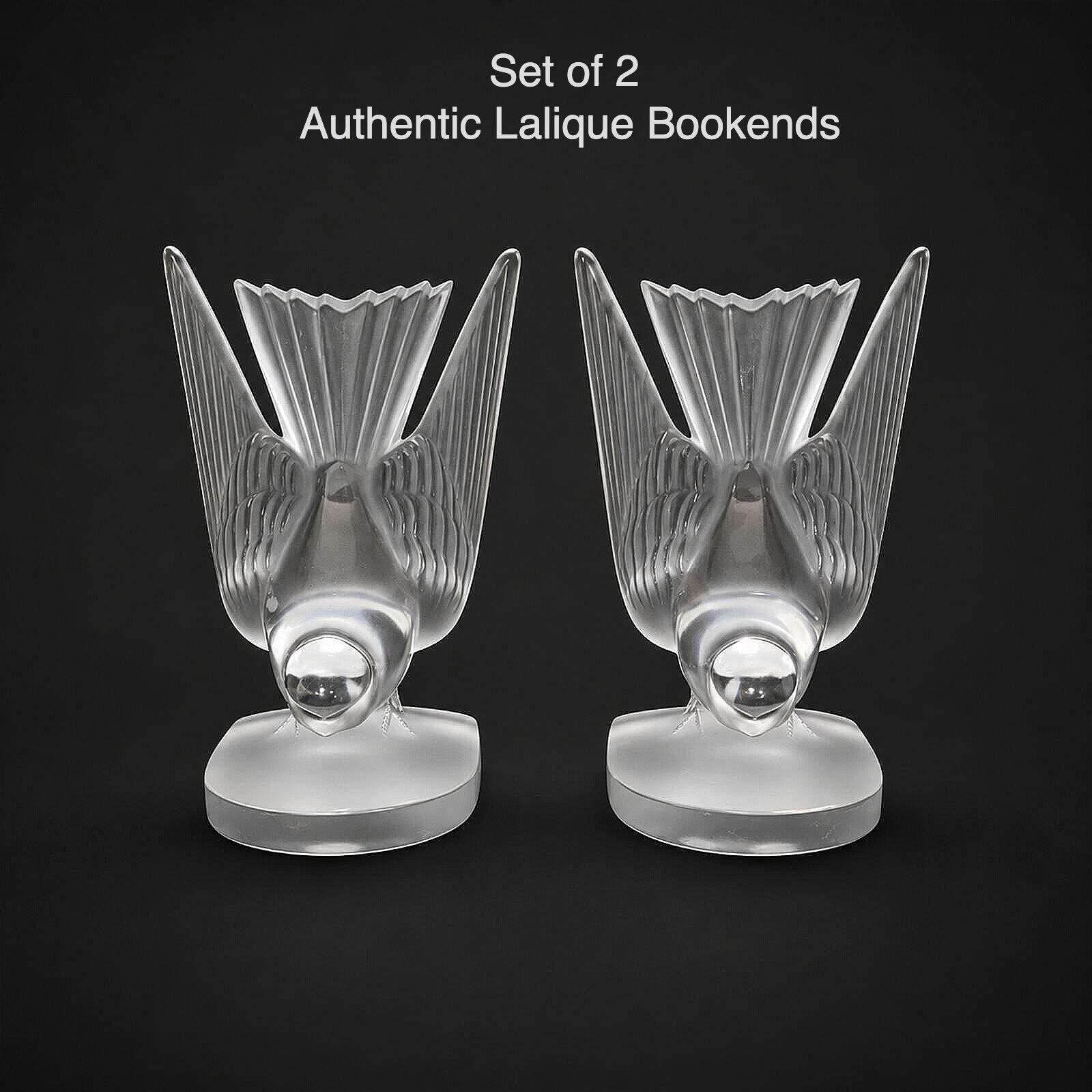 Vtg Lalique Hirondelles Swallow Crystal Bookends Pair Signed France - Decor