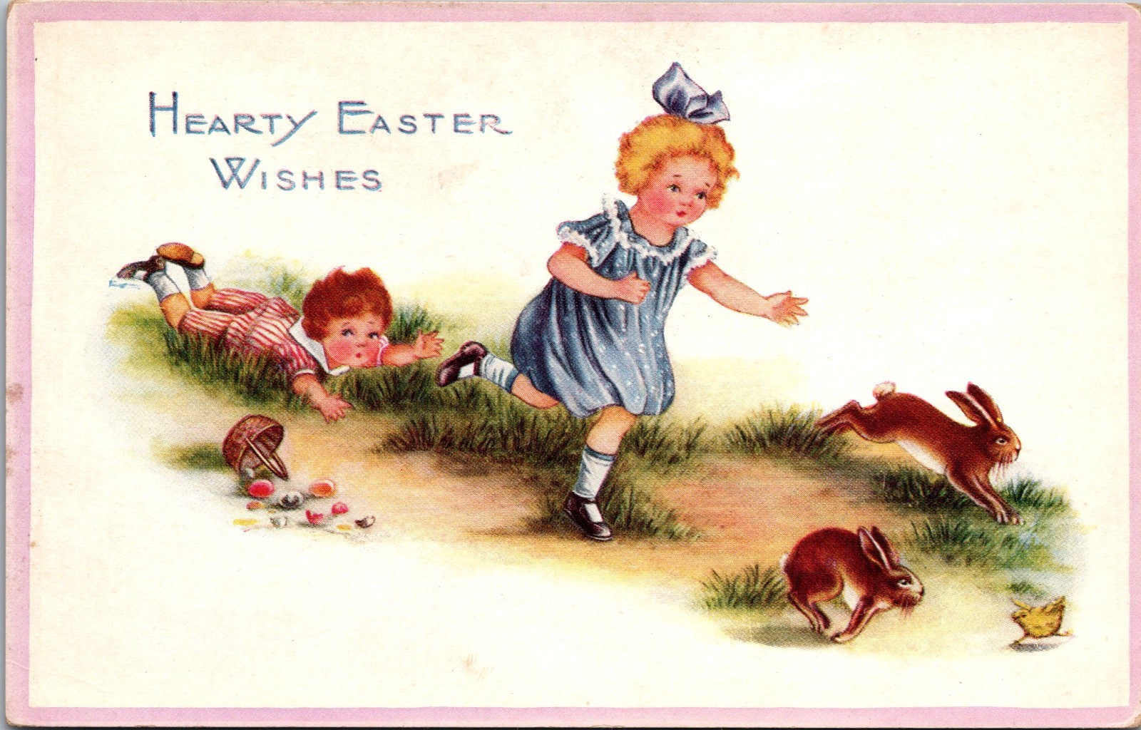 Happy Easter Wishes Postcard Children Chasing Bunnies c1911 Happy Easter Wishes Postcard Children Chasing Bunnies c1911