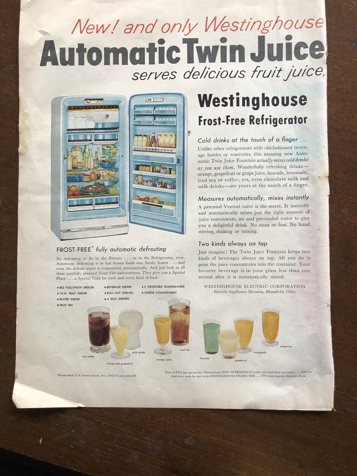 Vintage 1950s Refrigerator Magazine Ad Westinghouse Frost Free