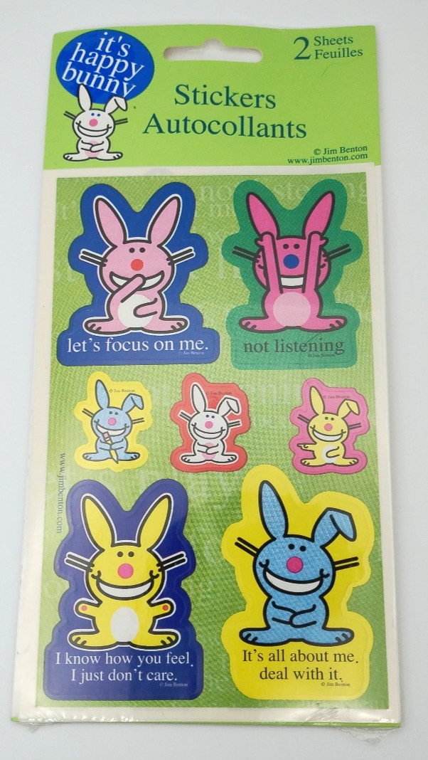 It’s Happy Bunny Jim Benton 2 Sticker Sheets RARE Vintage 2005 Y2K NEW Sealed