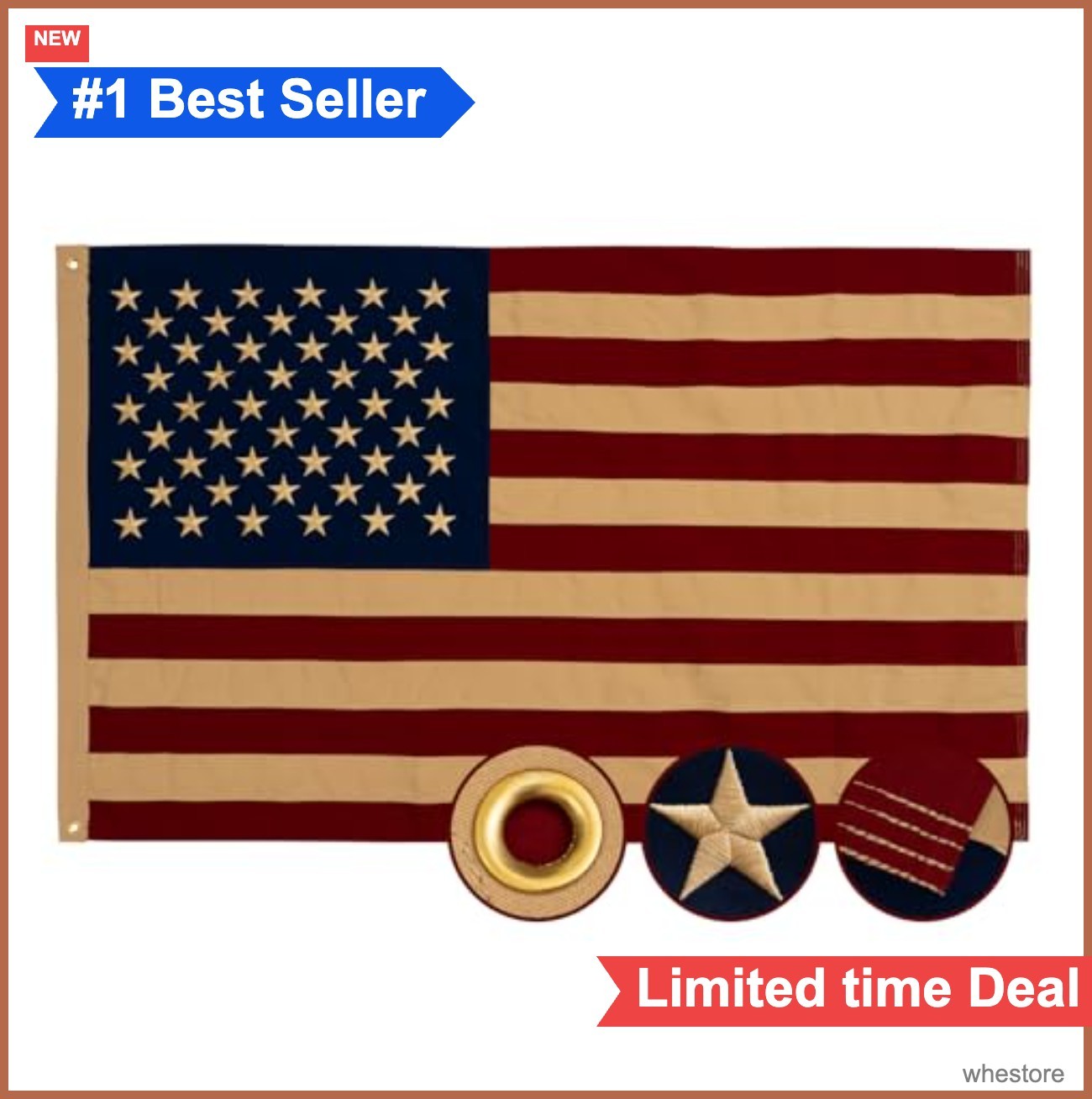 Vintage American Flag 3x5 Ft Cotton Tea Stained Embroidered Stars Sewn Stripes