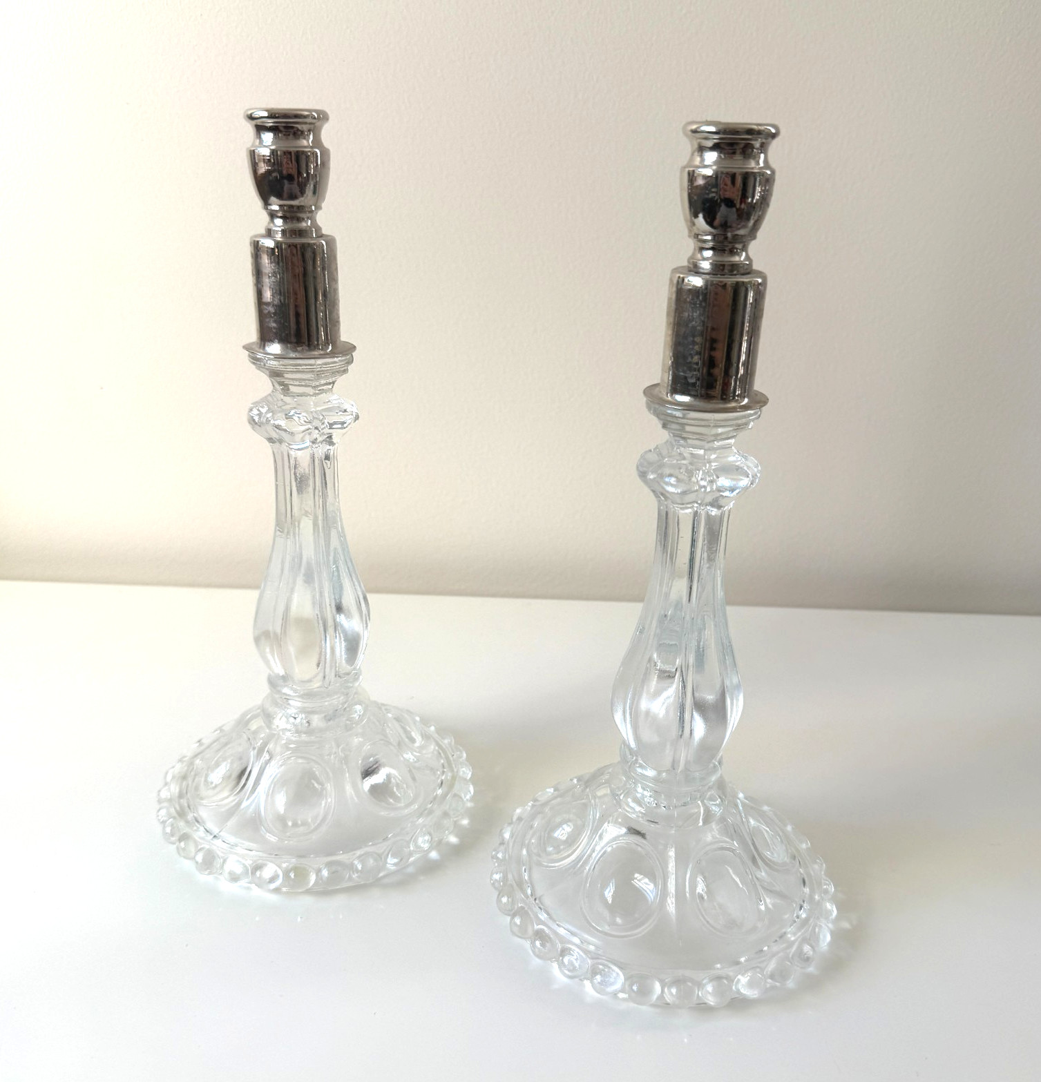 Vintage Clear Pressed Glass Candlestick Holders Silver Tone Tops Pair 11.5\