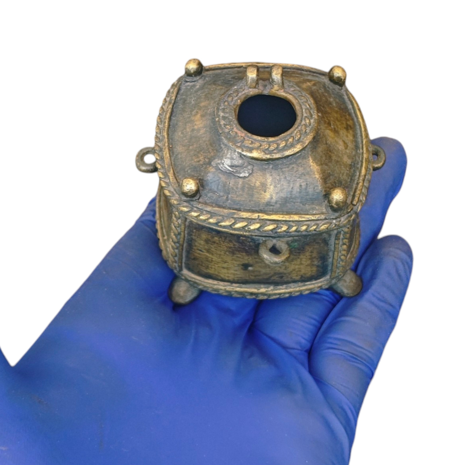 1850\'s Antique Handcrafted Brass Unique Shape Inkpot , Old Collectible