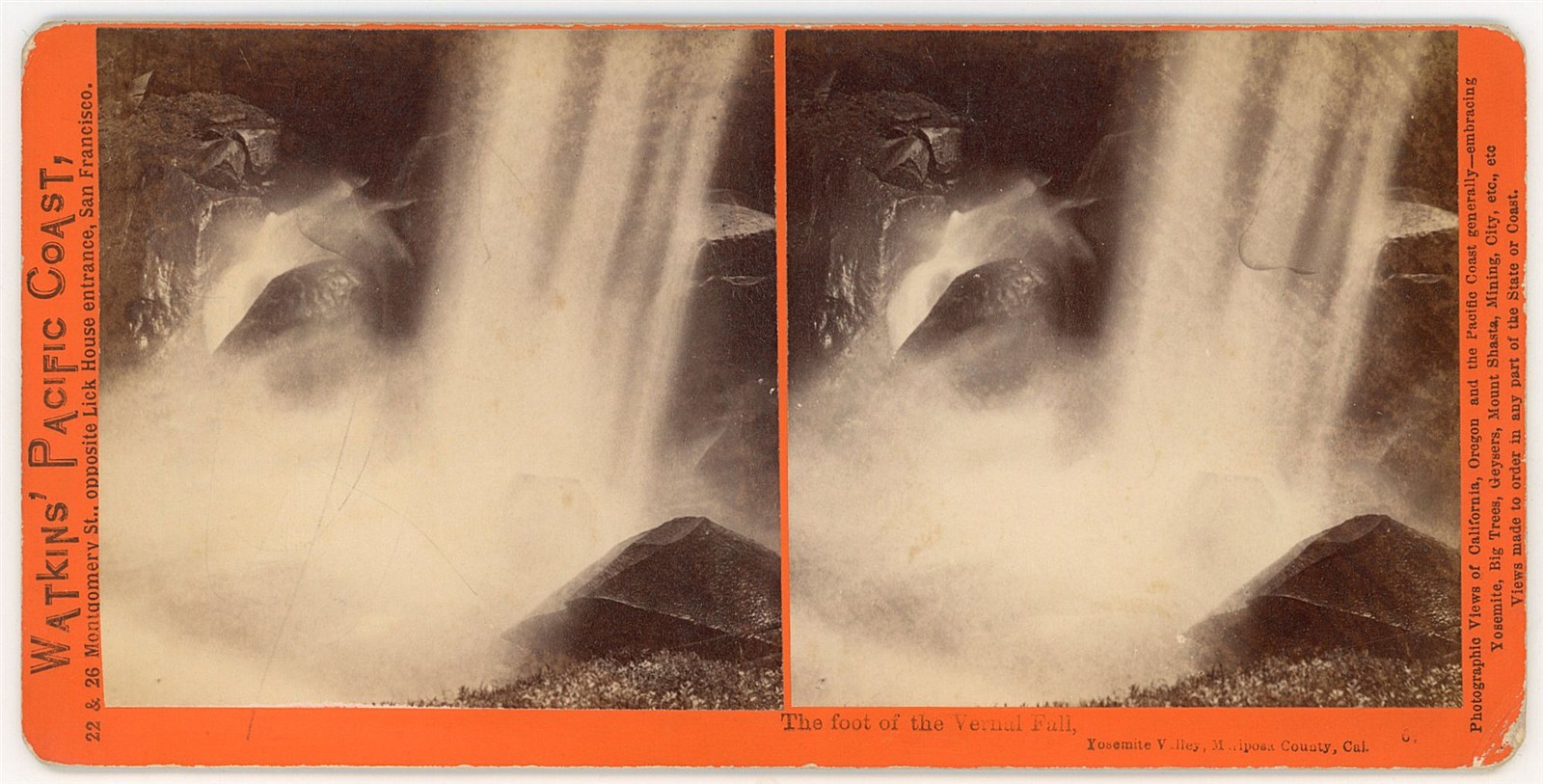 YOSEMITE STEREOVIEW - Foot of Vernal Fall - CE Watkins 1870s