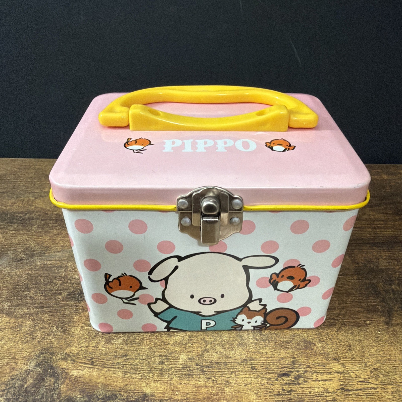 Vintage 1995 Sanrio Pippo Pig Tin Lunch Box Pink Polka Dot Yellow Handle
