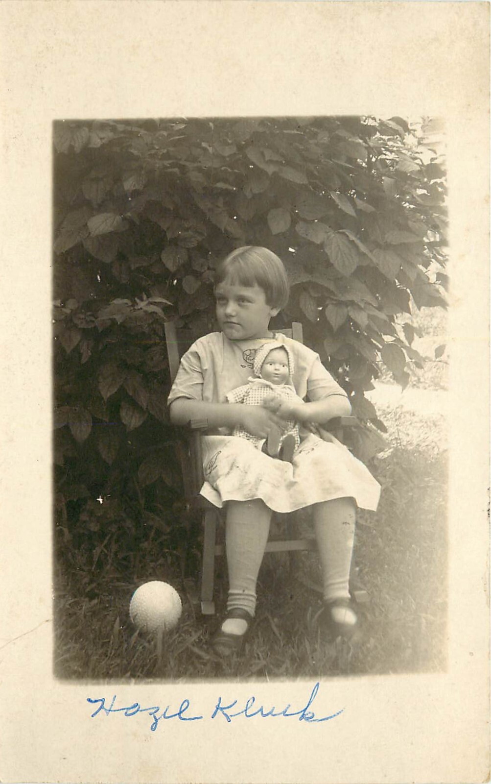c1928 RPPC Portrait Seated Girl w/ Doll & Ball, Hazel Kluck of Dubuque IA