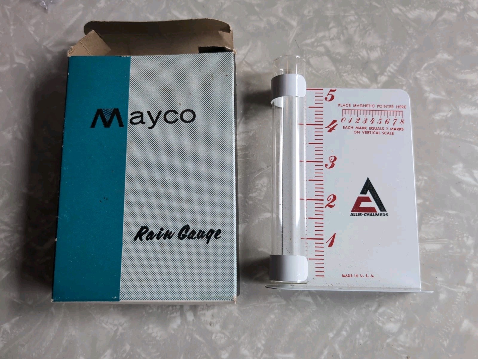 Allis-Chalmers Rain Gauge Mayco Vintage Rare Find With Box Allis-Chalmers Rain Gauge Mayco Vintage Rare Find With Box