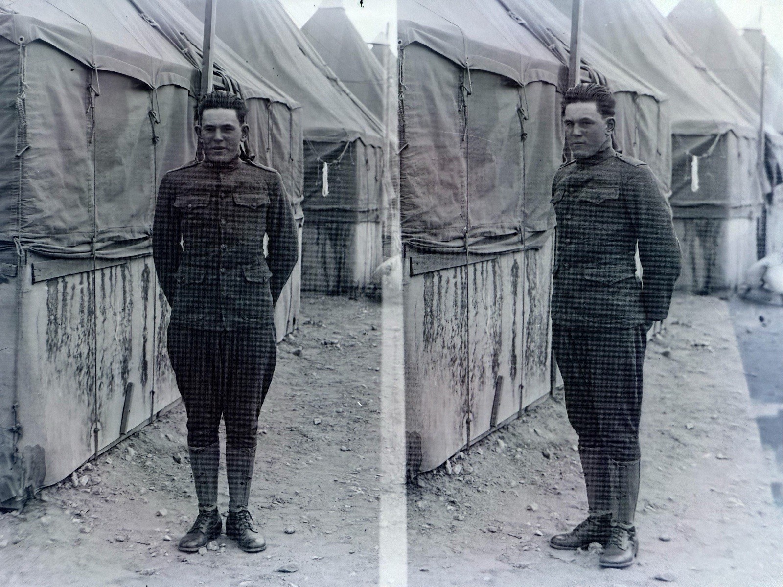 Vtg 5x7 Glass Negative Split Photo Ohio Soldier in Uniform at Camp by Tents WWI Vtg 5x7 Glass Negative Split Photo Ohio Soldier in Uniform at Camp by Tents WWI