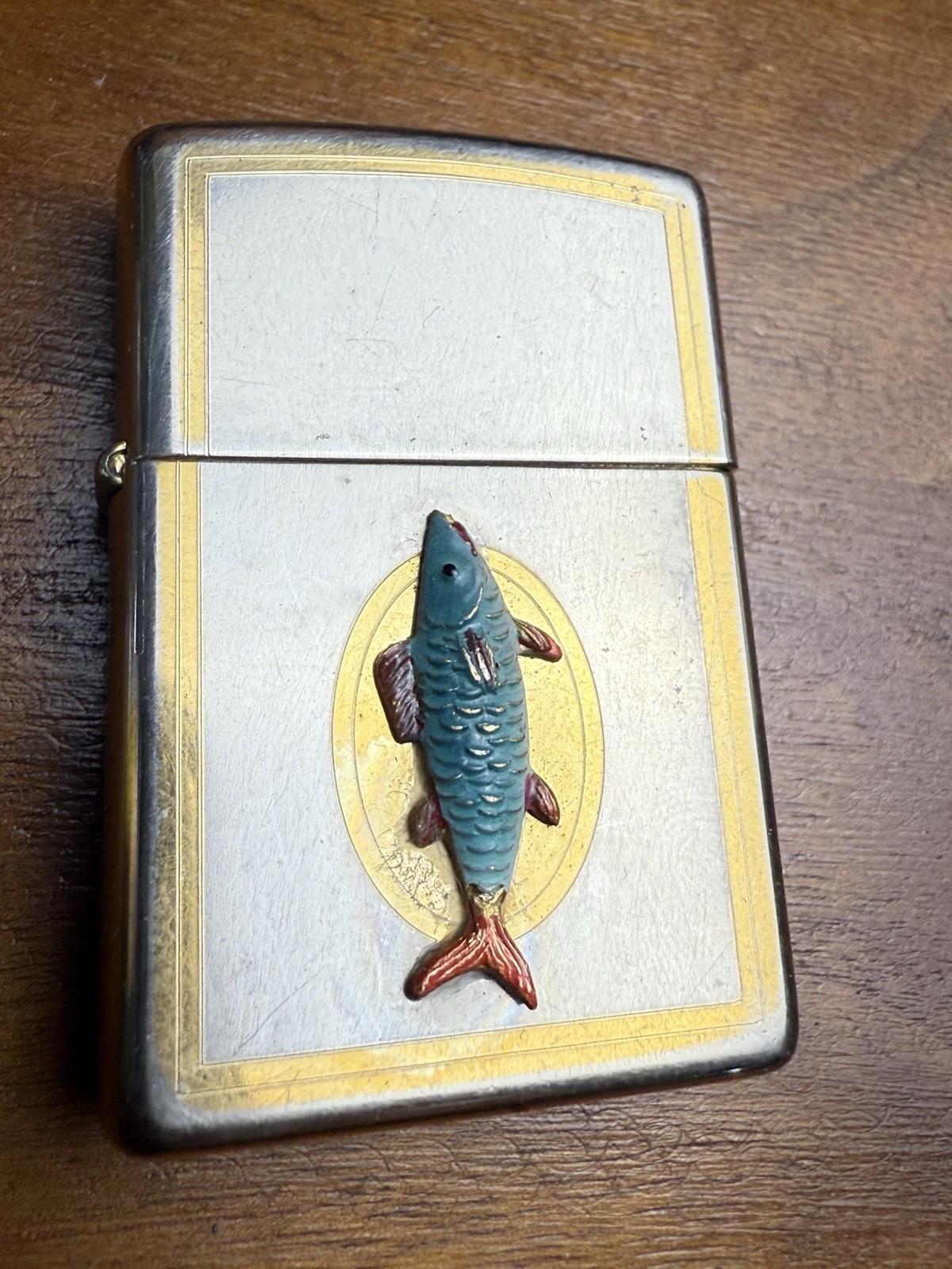 Vintage Zippo Lighter 1995 Enamel Fish Emblem Silver Gold Tone Bradford PA Vintage Zippo Lighter 1995 Enamel Fish Emblem Silver Gold Tone Bradford PA