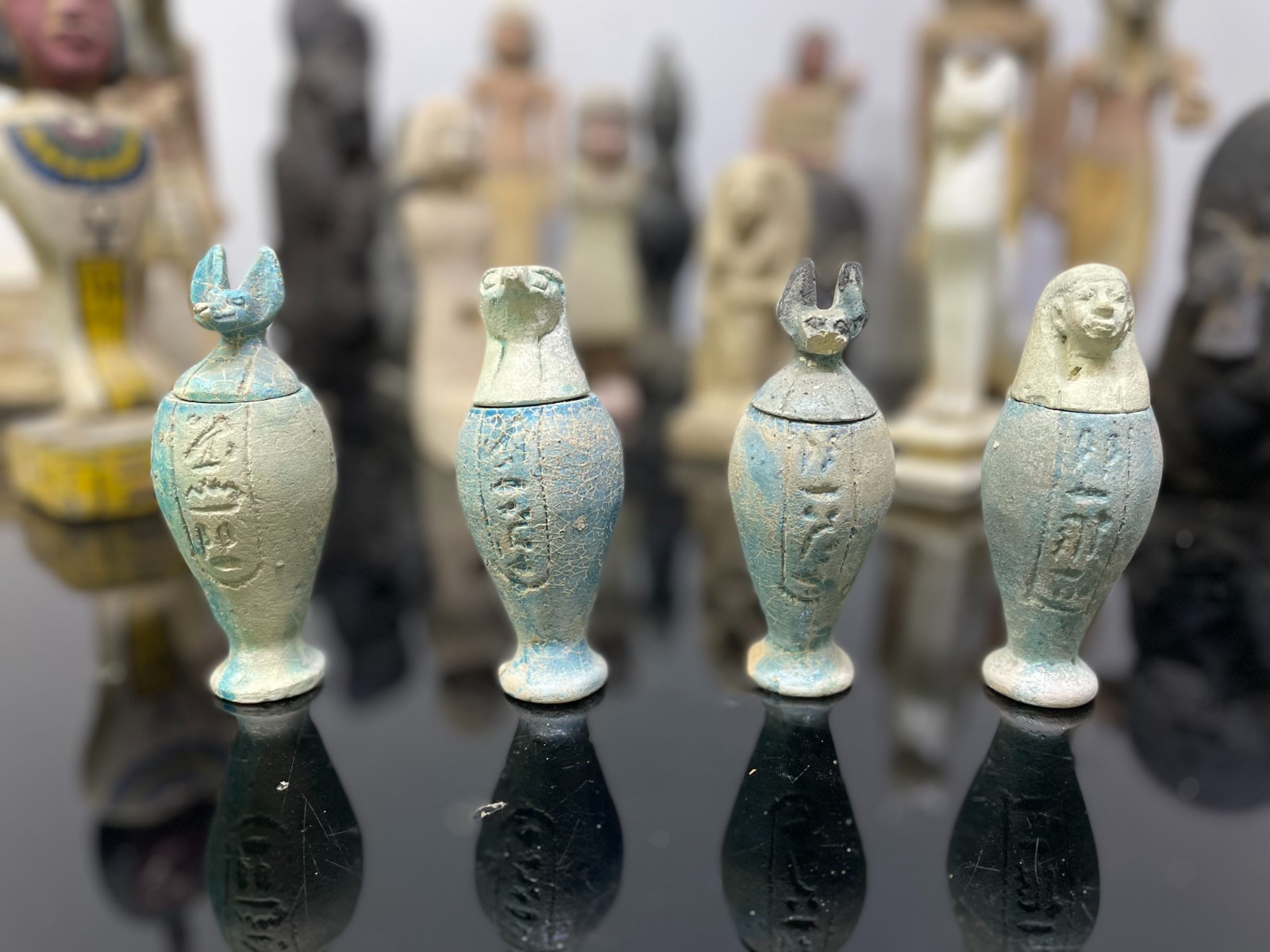 4 Unique Ancient Egyptian Mummified Canopic Jar Statues: Rare Antique Artifacts