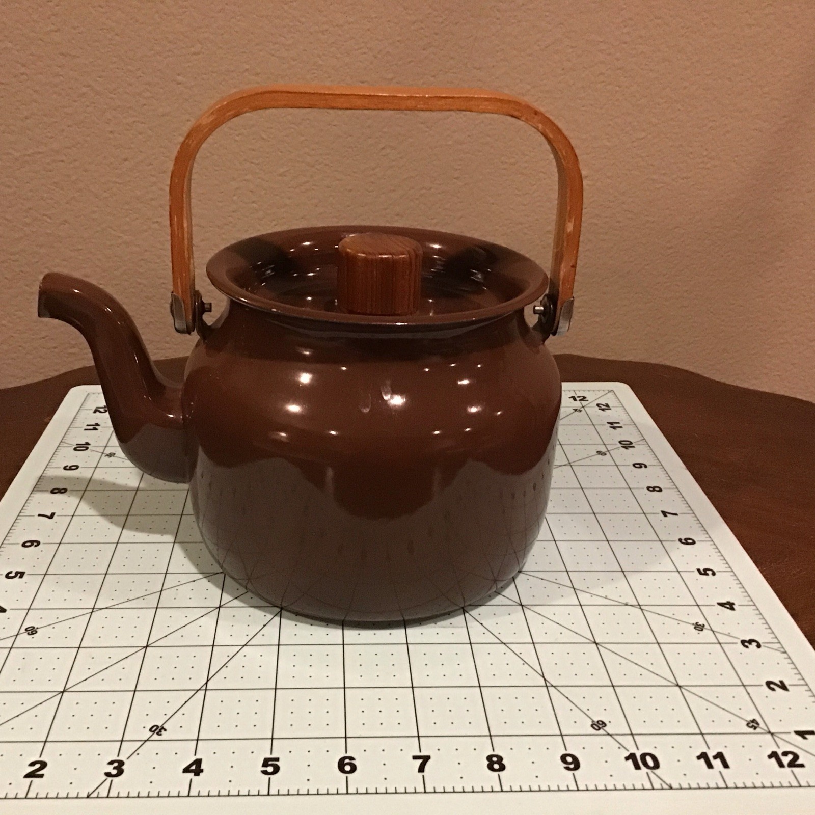 Mid Century Modern Vintage Rare Enamelware 24oz Brown Teapot with Brown Handles 