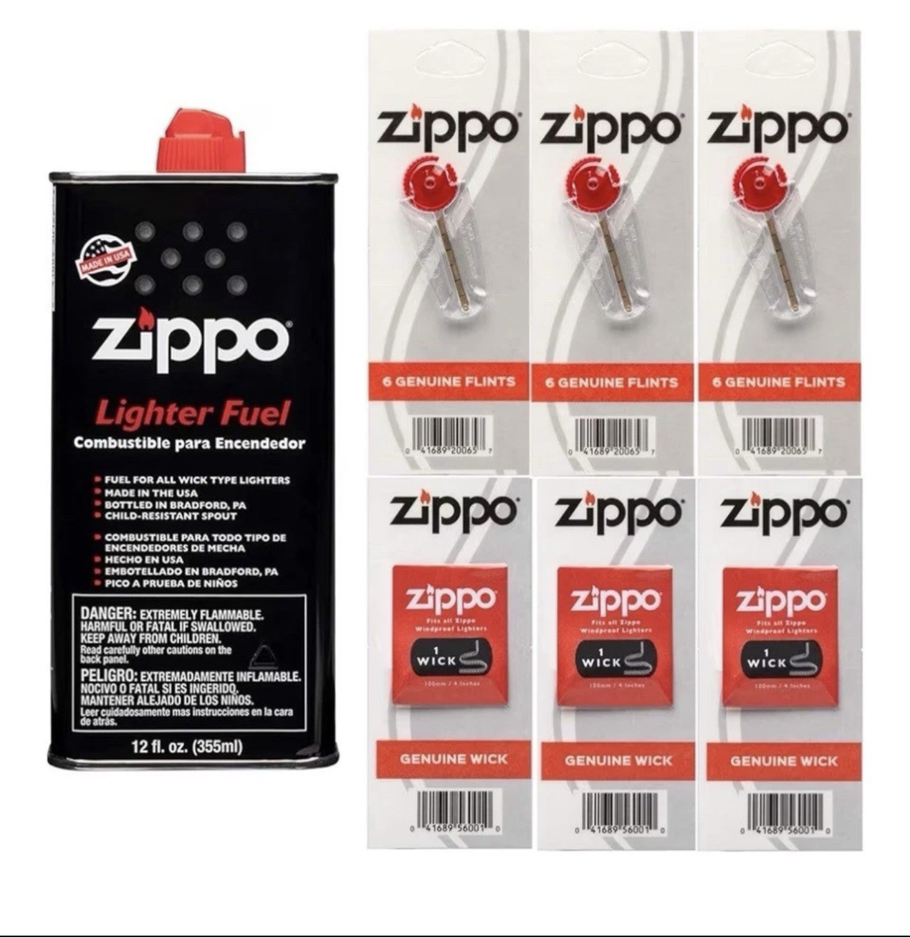Zippo 12 fl.oz Fluid Fuel and 6 Value Pack (18 Flints + 3 Wick) Gift Set Combo Zippo 12 fl.oz Fluid Fuel and 6 Value Pack (18 Flints + 3 Wick) Gift Set Combo