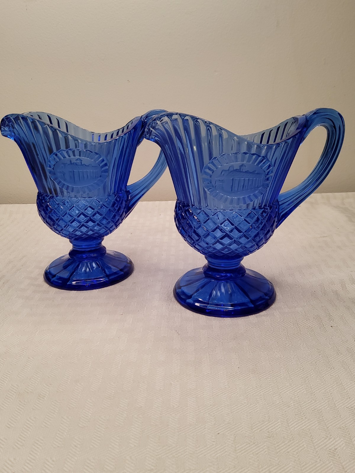 2 Vintage Avon Colbalt Blue Mt Vernon Medallion Ribbed Diamond Pitcher (141) 2 Vintage Avon Colbalt Blue Mt Vernon Medallion Ribbed Diamond Pitcher (141)