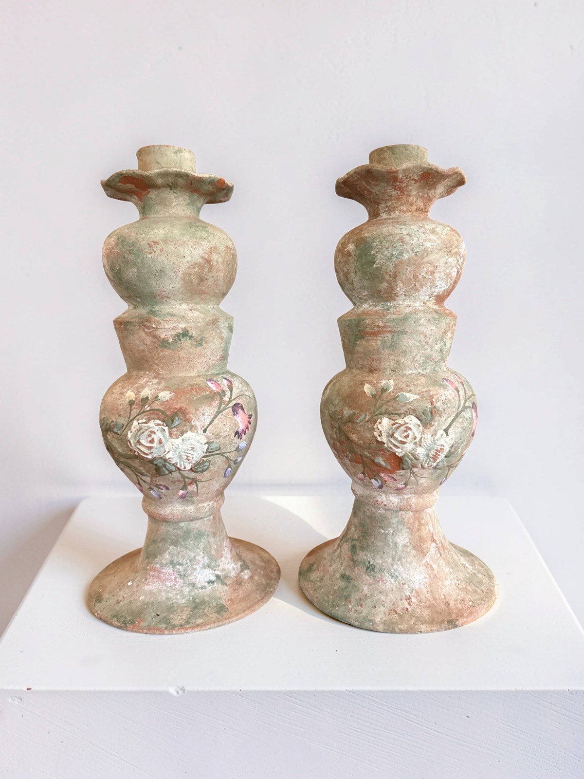 VTG Monumental Vintage Terracotta Candlesticks Raised Rose Relief 15\