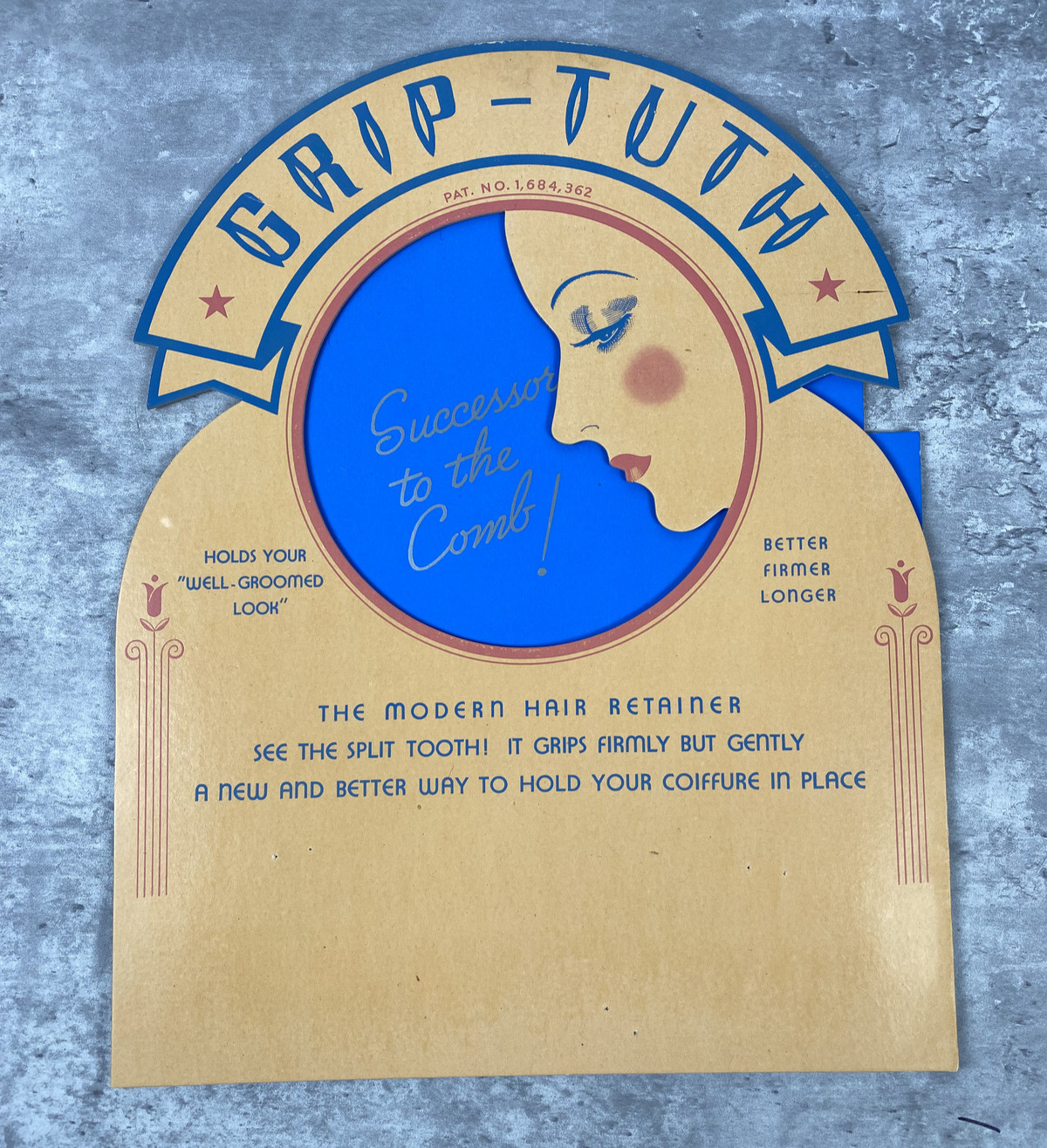 Antique 1920s Grip-Tuth Counter Display Die-Cut Litho Art Deco Flapper Diadem Antique 1920s Grip-Tuth Counter Display Die-Cut Litho Art Deco Flapper Diadem