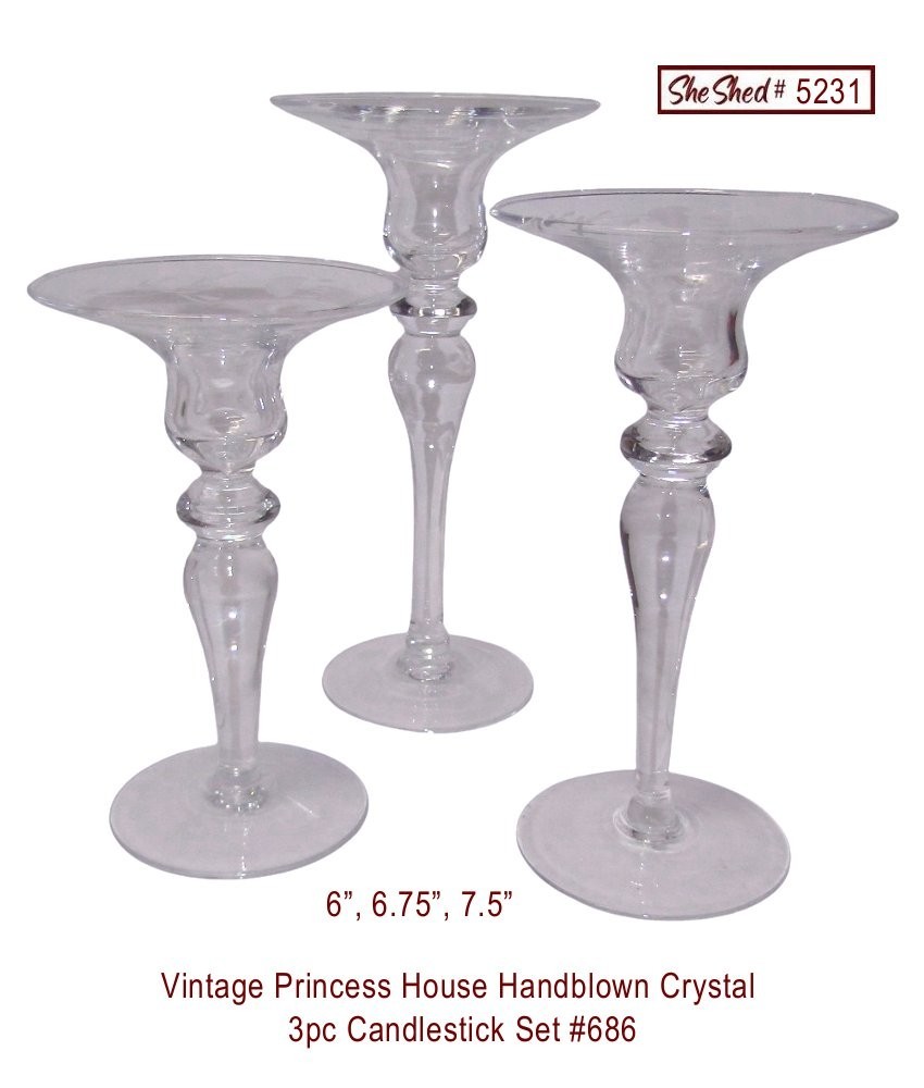 Princess House Crystal Candlestick Set 3pc Handblown Floral Etched 686 Vintage
