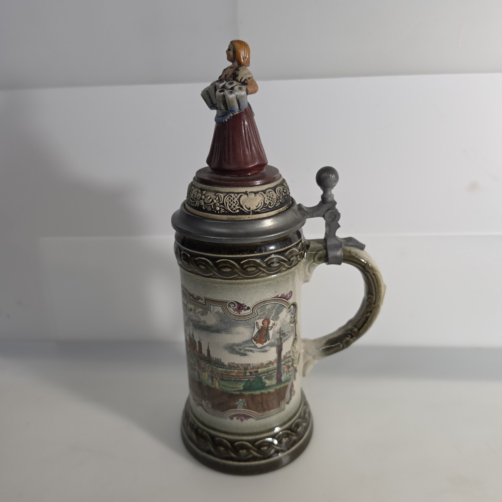 VTG Gerz W Germany Lidded Beer Stein Ceramic Figural Barmaid Pewter Lid Used