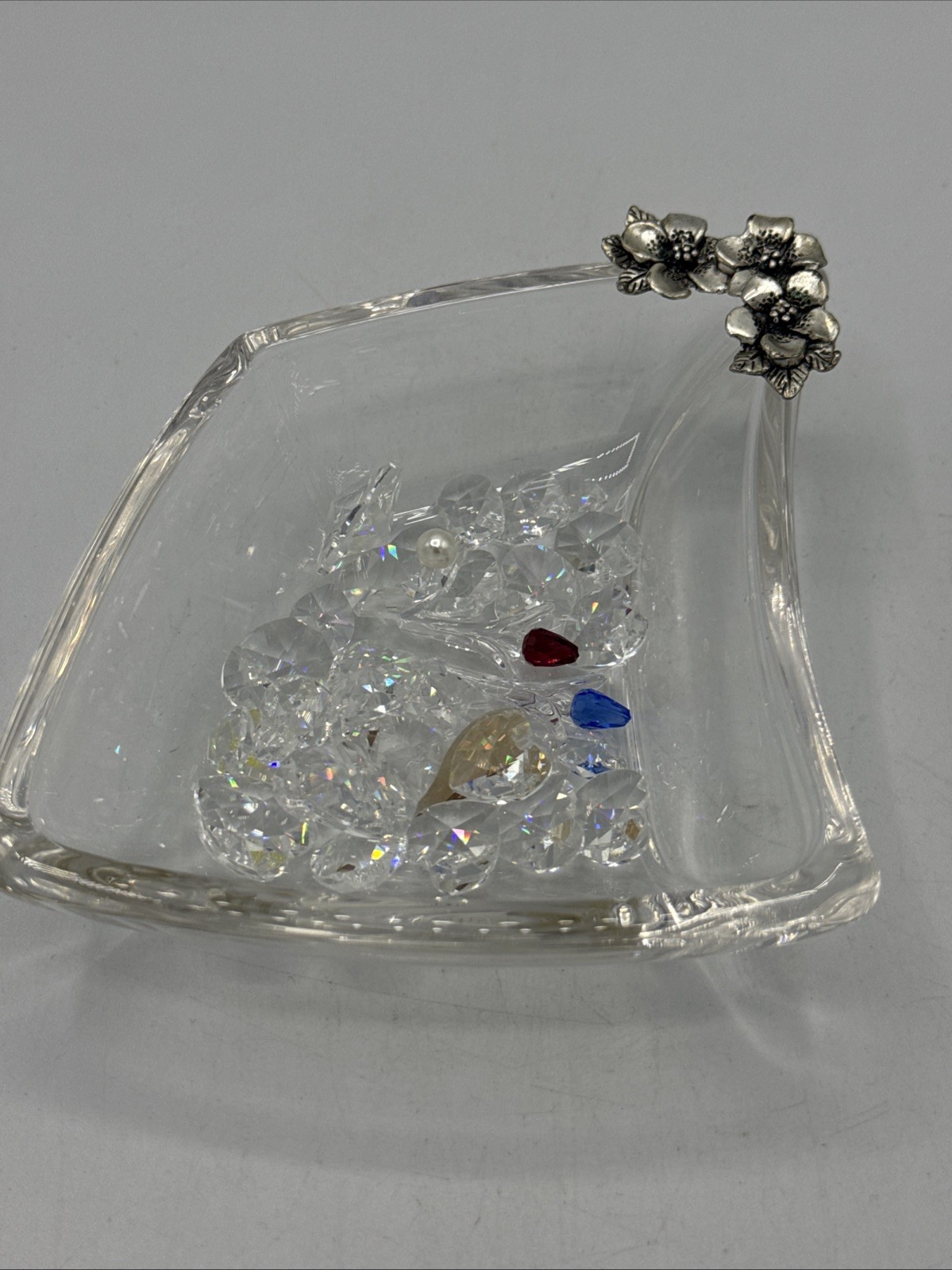 Vtg Italian Sovrani Argenti Glass Bowl Flowers Swarovski Crystal Hearts Tulips