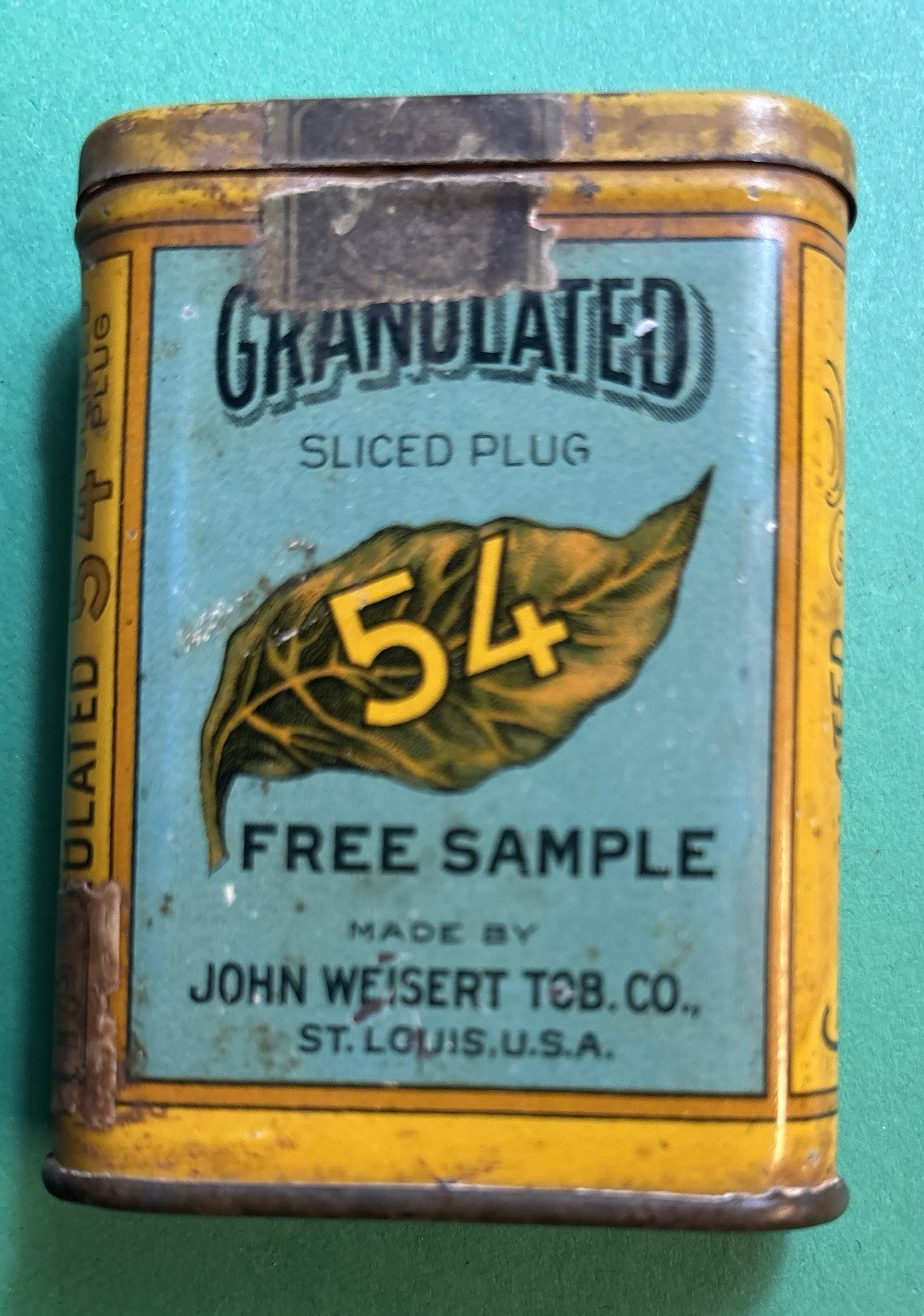 RARE Vintage Granulated 54 John Weisert’s Pocket Tin St Louis Sample 1910 Stamp