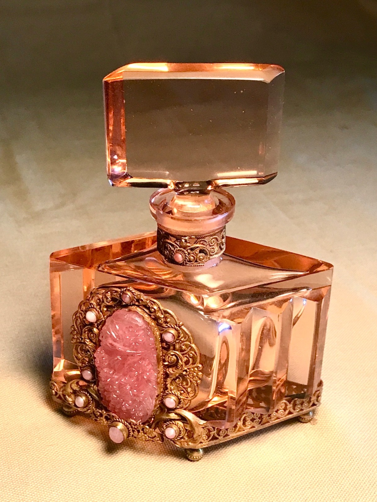 Large Czech Jeweled Perfume Bottle w/ Large Pink Stone
