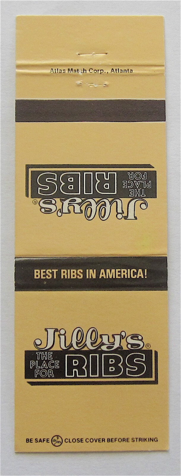JILLY\'S THE PLACE FOR RIBS, BEST RIBS IN AMERICA MATCHBOOK COVER JILLY\'S THE PLACE FOR RIBS, BEST RIBS IN AMERICA MATCHBOOK COVER