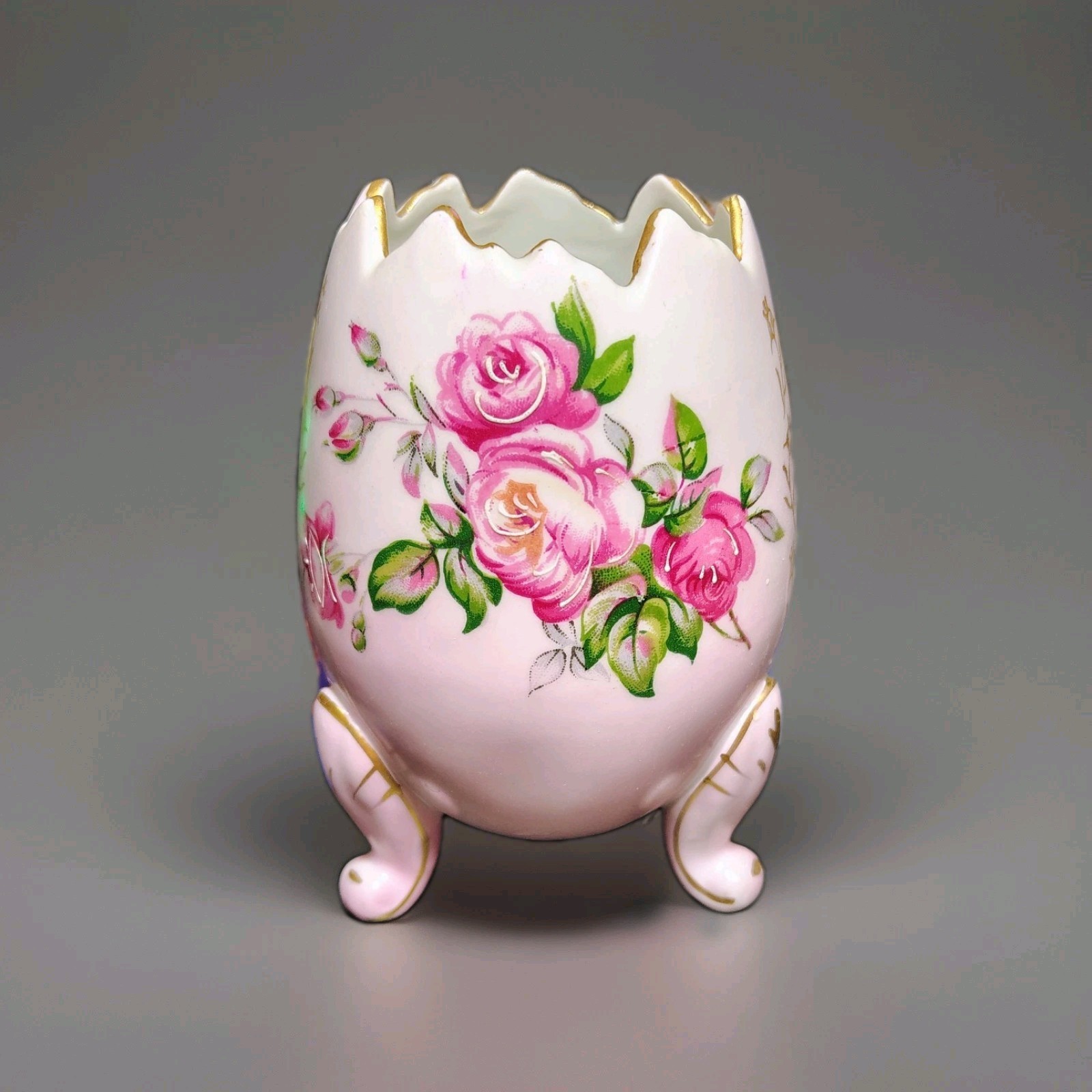 Pink Footed Cracked Egg Hand Painted Roses Napcoware Vase