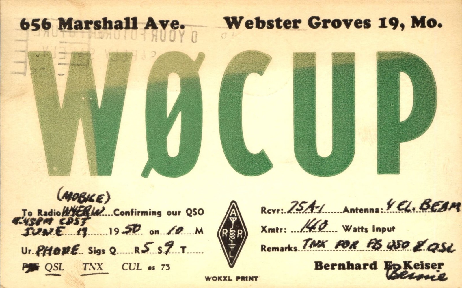 QSL W0CUP Webster Groves Missouri to Birmingham Alabama Radiocard 1950 QSL W0CUP Webster Groves Missouri to Birmingham Alabama Radiocard 1950