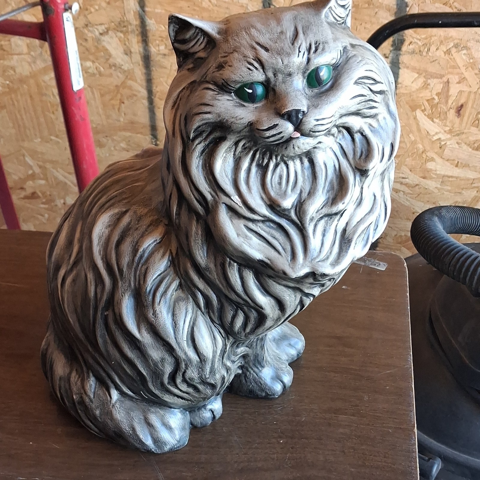 Vintage Gray Long-Haired Cat Figurine with Green Eyes, Ceramic Vintage Gray Long-Haired Cat Figurine with Green Eyes, Ceramic