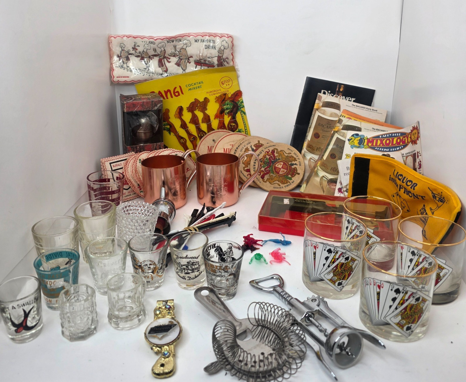 MCM Vintage Cocktail Bar Accessory Lot Souvenir Short Glasses Strainer Guides