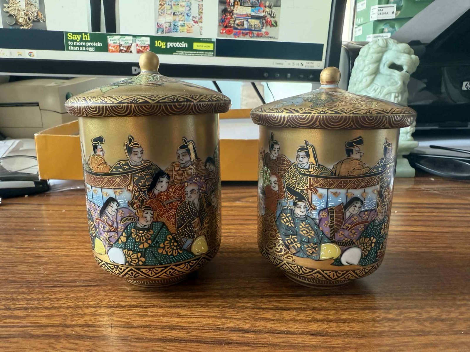 Vintage Japanese Satsuma Marriage Lidded Jar w/ Samurai & Flowers Vintage Japanese Satsuma Marriage Lidded Jar w/ Samurai & Flowers