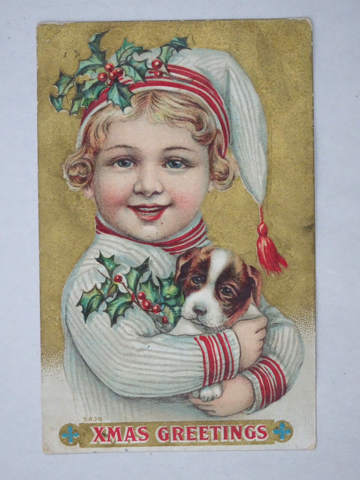 c1910s Embossed Postcard Christmas Greetings Dog & Girl Arthur Jensen Evan MN