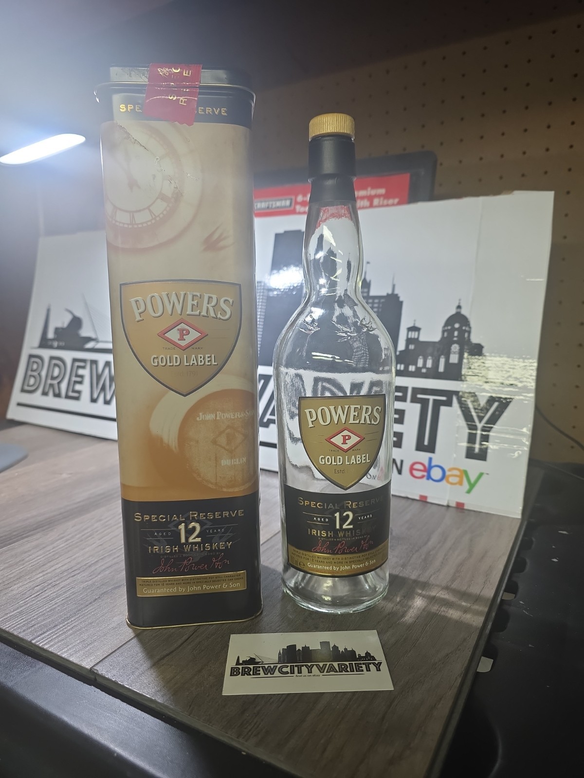 POWERS Gold Label Irish Whiskey Emtpy Bottle And Tin 12 Year John Power And Son POWERS Gold Label Irish Whiskey Emtpy Bottle And Tin 12 Year John Power And Son