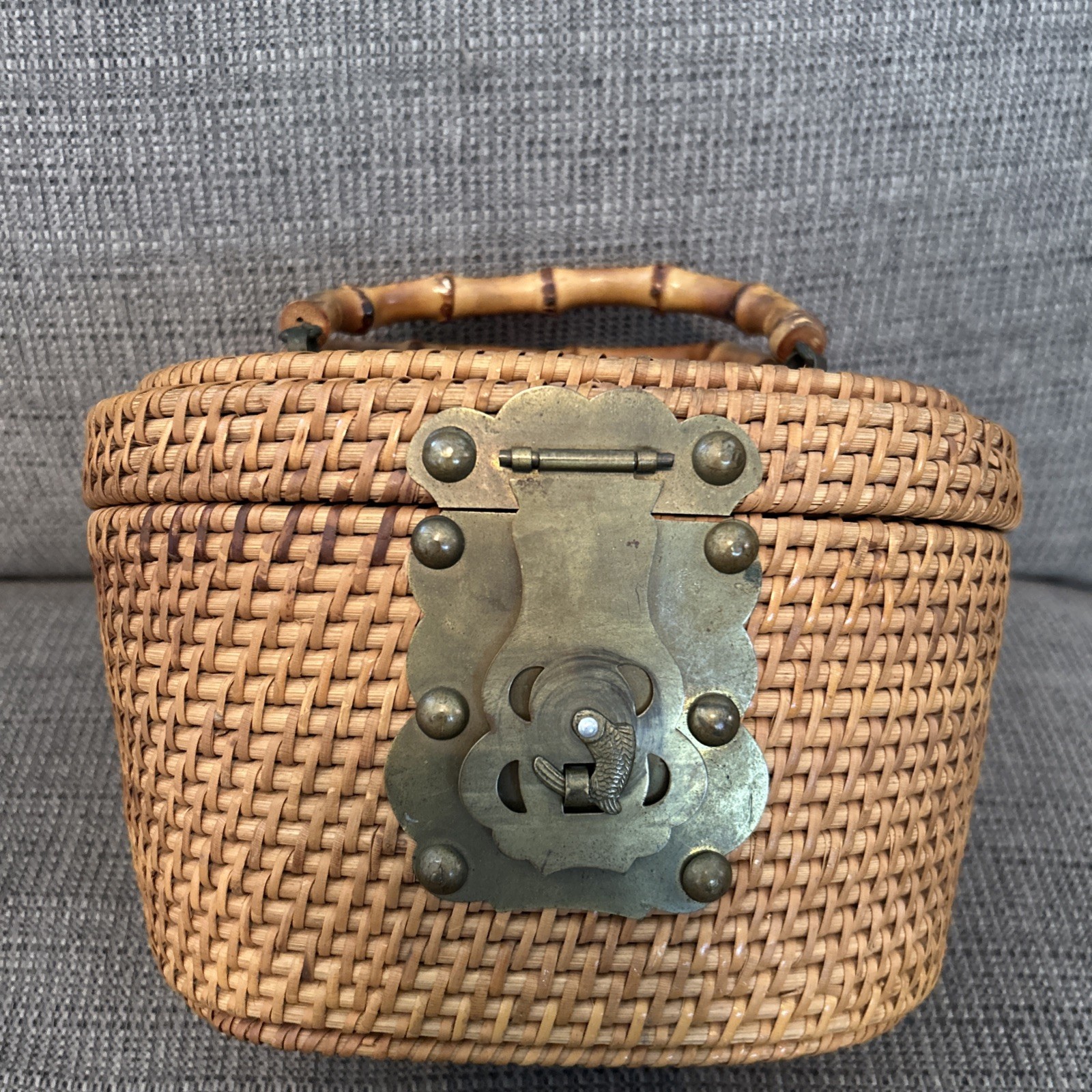Antique Chinese Wedding Tea Woven Basket With Brass Hardware Antique Chinese Wedding Tea Woven Basket With Brass Hardware
