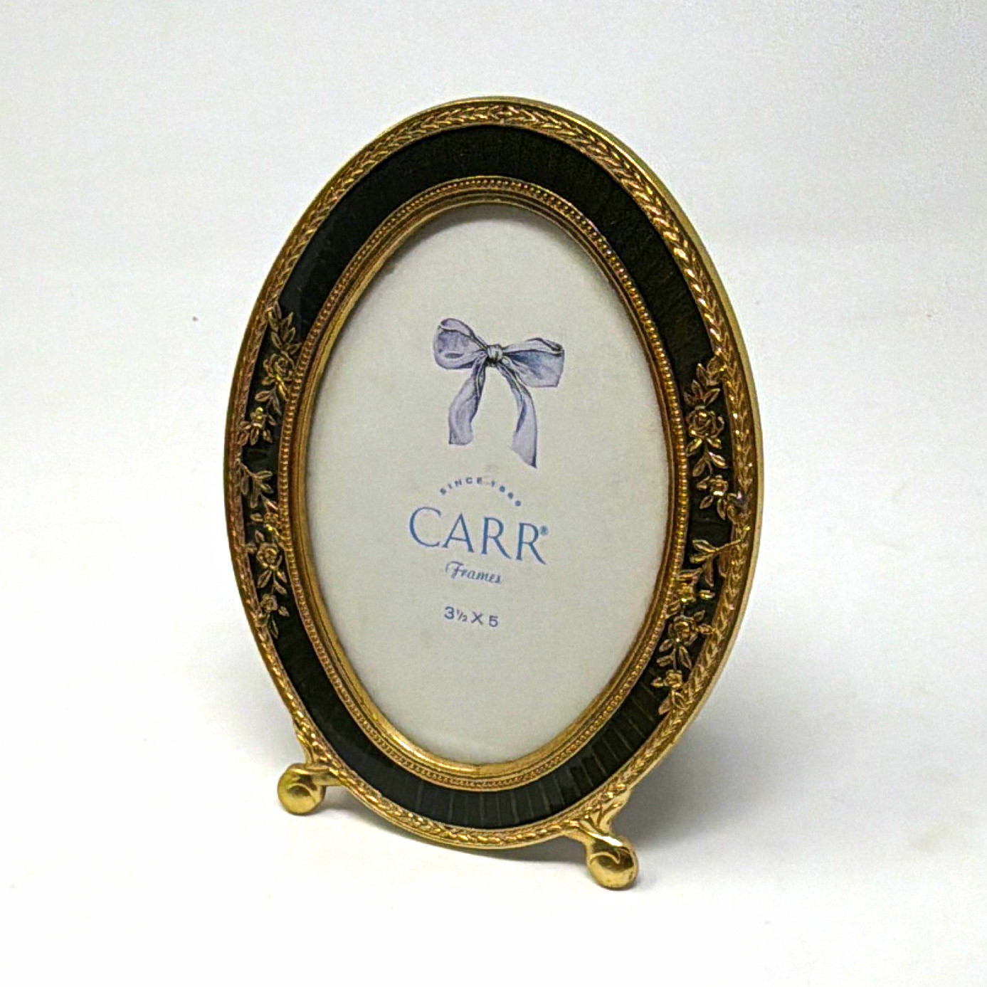 Carr Oval Metal Photo Frame Gold/Green Enameled Floral Ornate 3.5x5 Freestanding