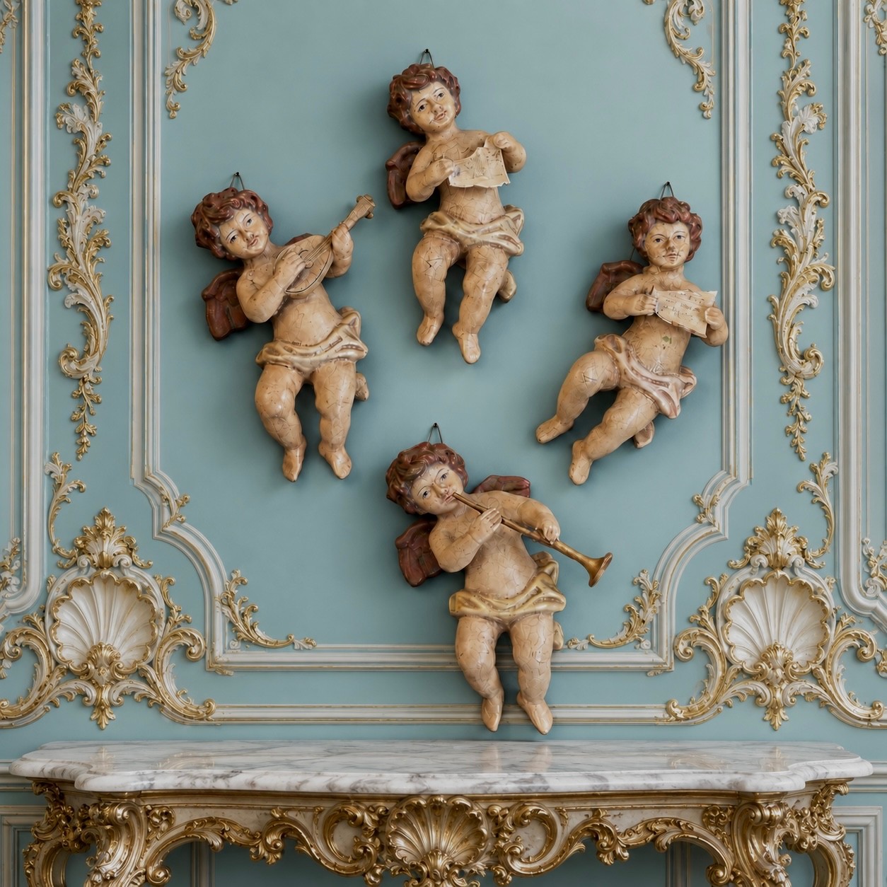Vintage Set of 4 Musical Cherub Angel Wall Hangings Putti Rococo Baroque Decor