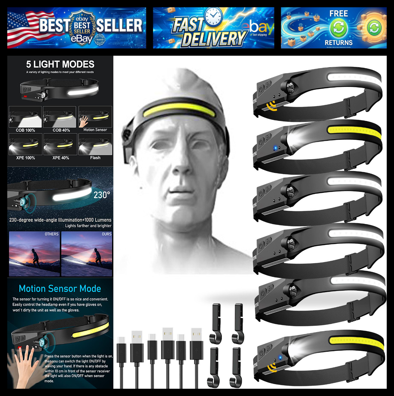 Aikertec Rechargeable Headlamp, 230°Beam Headlamp for Adults, 6 Mode Camping & S
