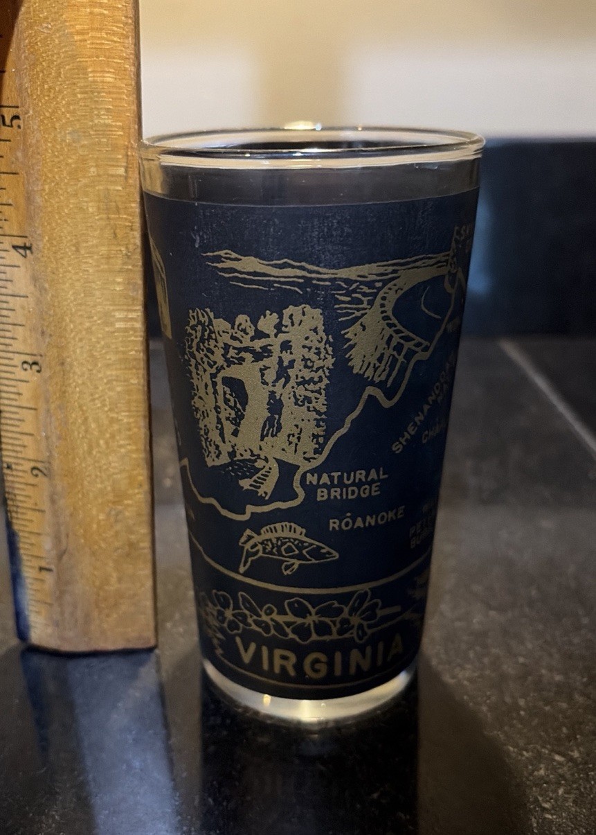 Vintage ~ Commonwealth of Virginia ~ Black & Gold Souvenir Glass Tumbler 4.75” Vintage ~ Commonwealth of Virginia ~ Black & Gold Souvenir Glass Tumbler 4.75”