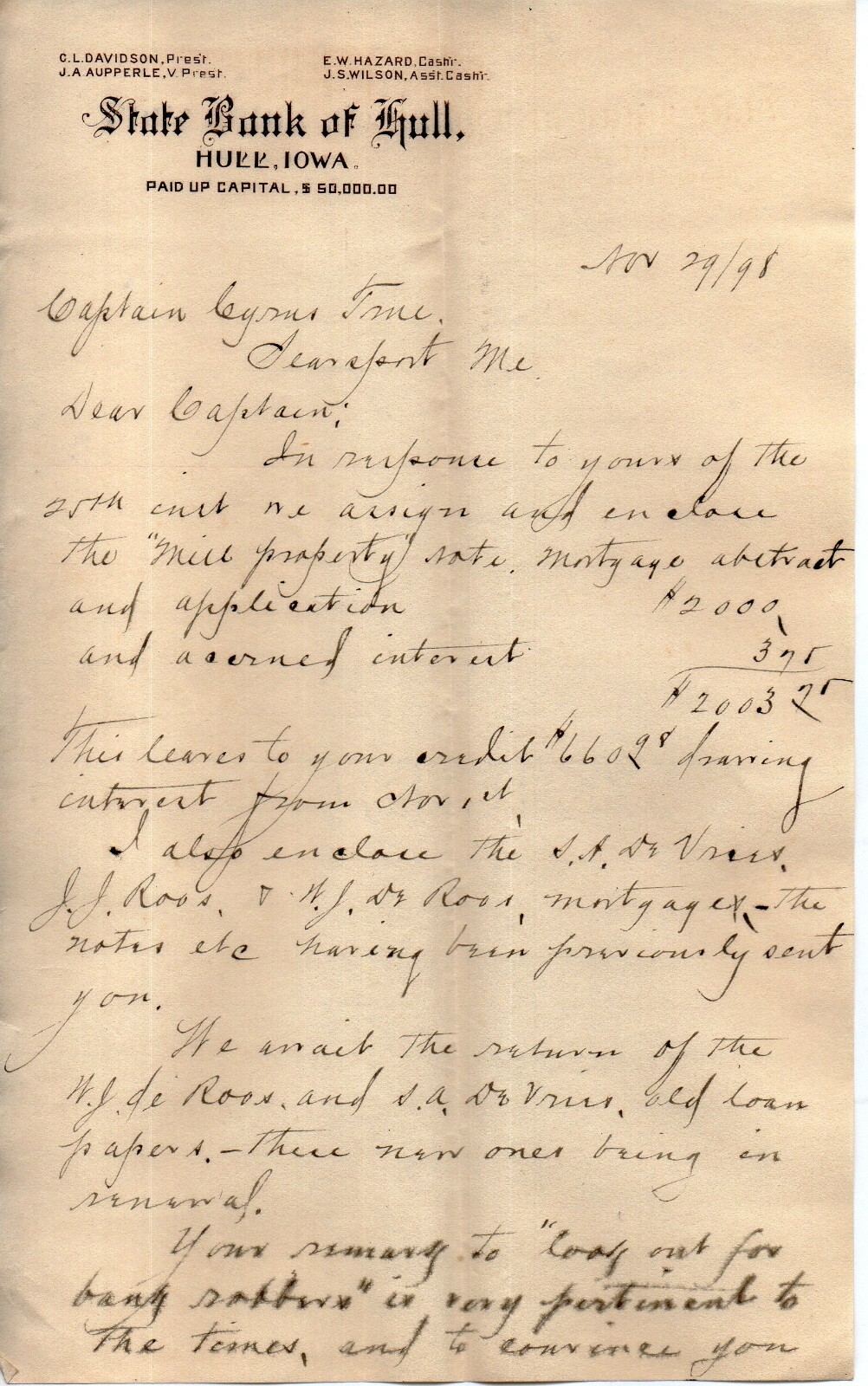 T17-73158 Letter EW Hazard State Bank Hull Iowa 1898 to Sea Capt Cyrus True ME T17-73158 Letter EW Hazard State Bank Hull Iowa 1898 to Sea Capt Cyrus True ME