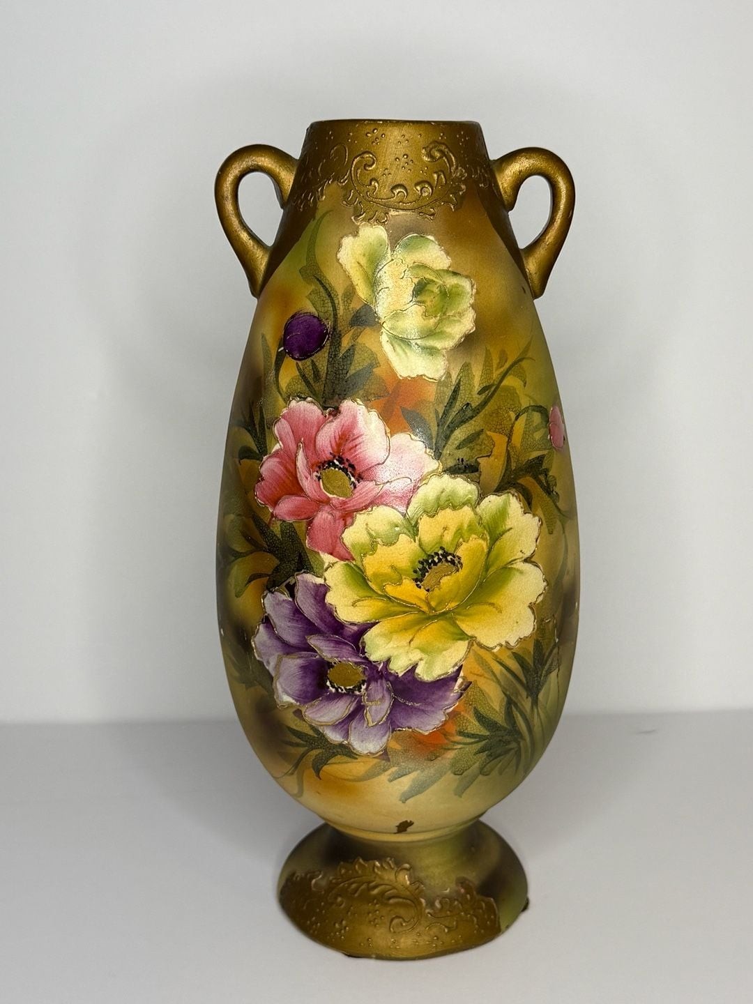 Antique Hand Painted Floral Double-Handled Vase