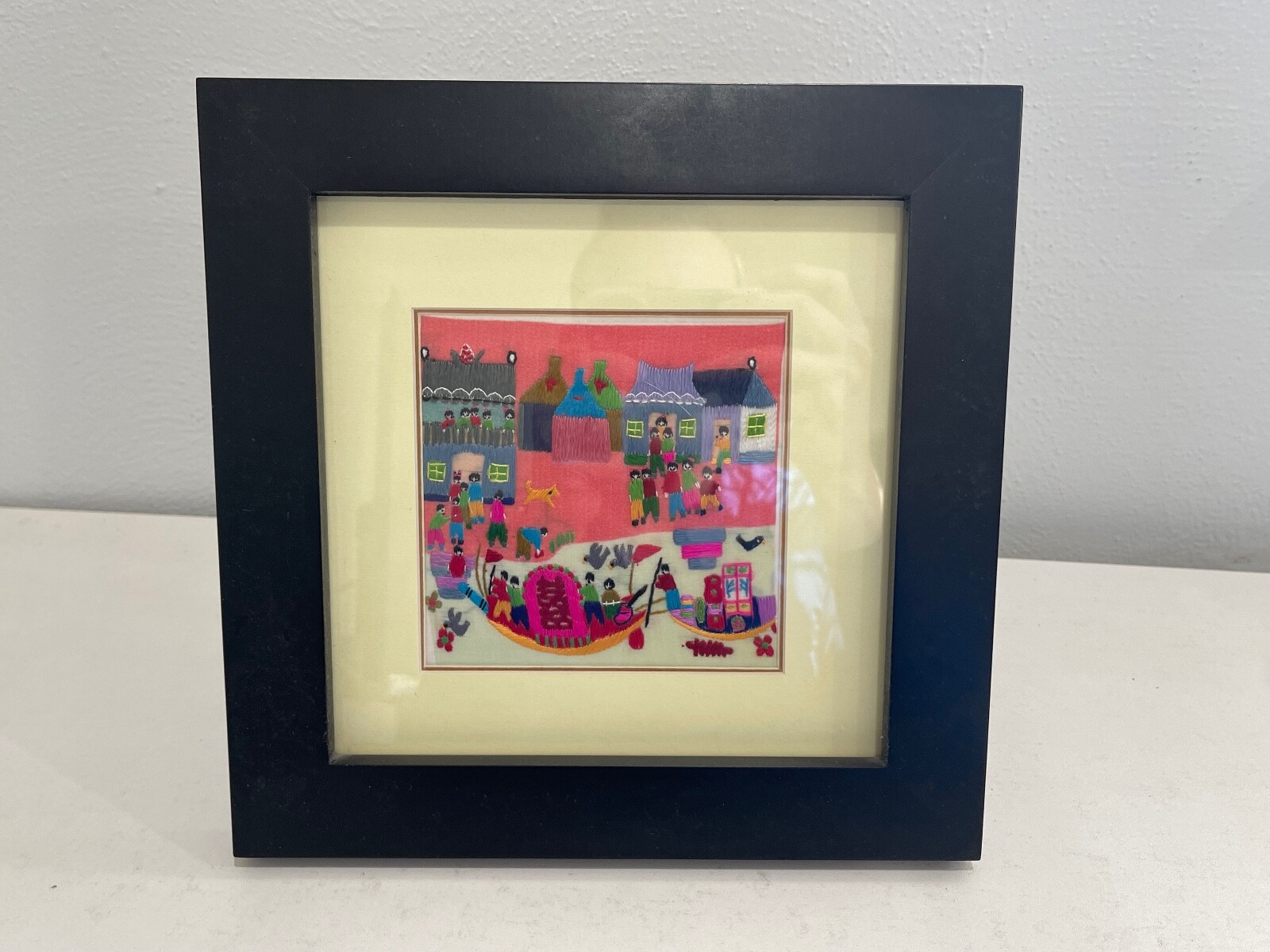 Vintage Chinese Silk Embroidered Textile Figures on Boat & Village Scene Vintage Chinese Silk Embroidered Textile Figures on Boat & Village Scene