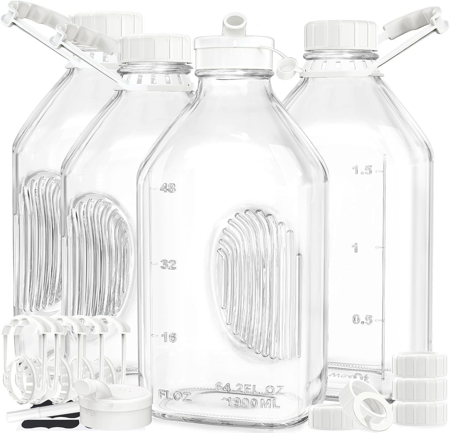 Glass Milk Bottles 64 oz with Handle Airtight Lids 1/2 Gal Jug 4 Pack Glass Milk Bottles 64 oz with Handle Airtight Lids 1/2 Gal Jug 4 Pack