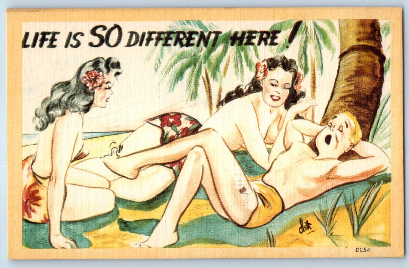 c1940's Sleeping Man Beach Bathing Beauties Life Is Different Here Postcard c1940's Sleeping Man Beach Bathing Beauties Life Is Different Here Postcard