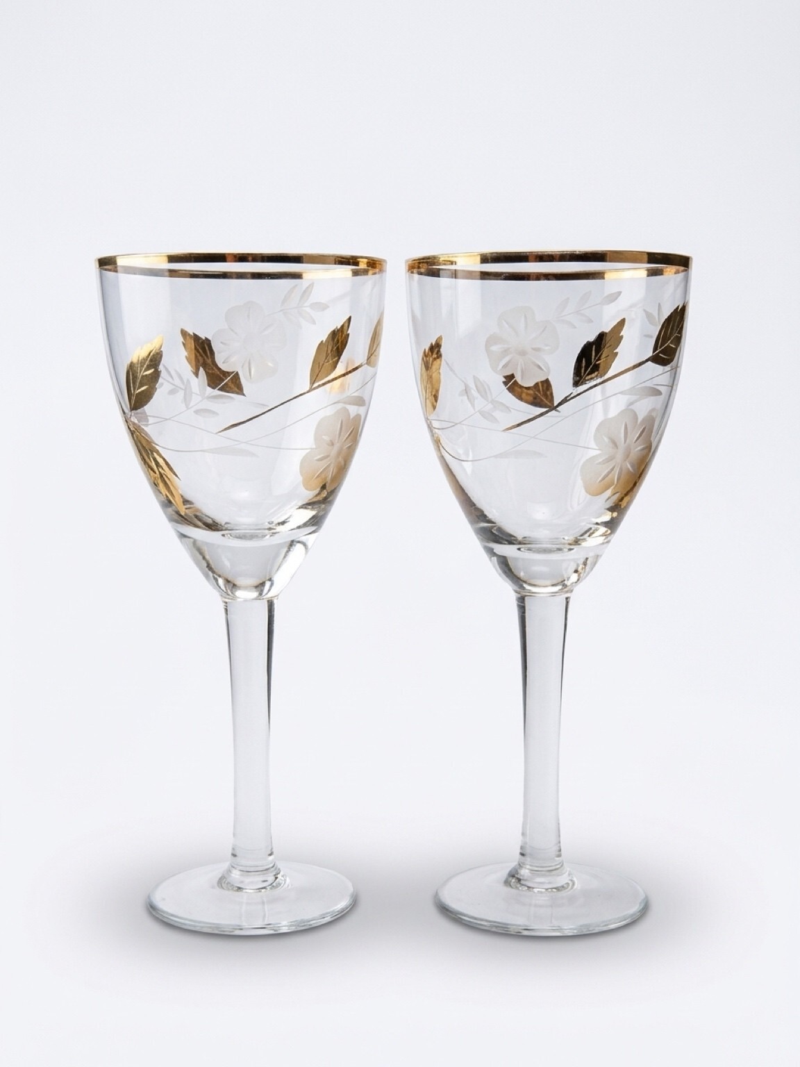 Vintage Gold Rim Wine Glasses Set of 2 Frosted Floral Etched Stemware 7 Vintage Gold Rim Wine Glasses Set of 2 Frosted Floral Etched Stemware 7