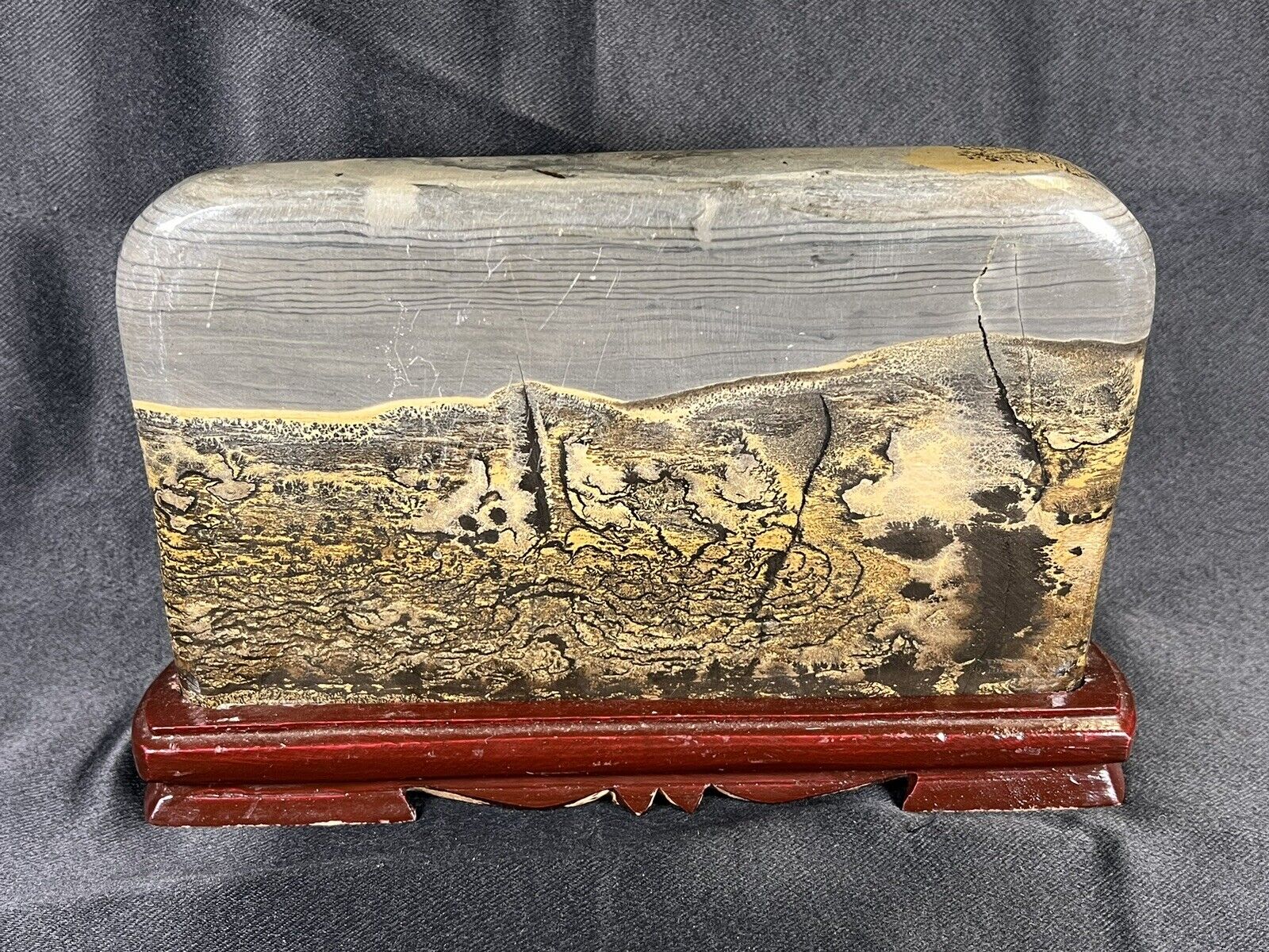 Chinese Picture Jasper Painting Stone & Stand Dendritic Siltstones Viewing  8”
