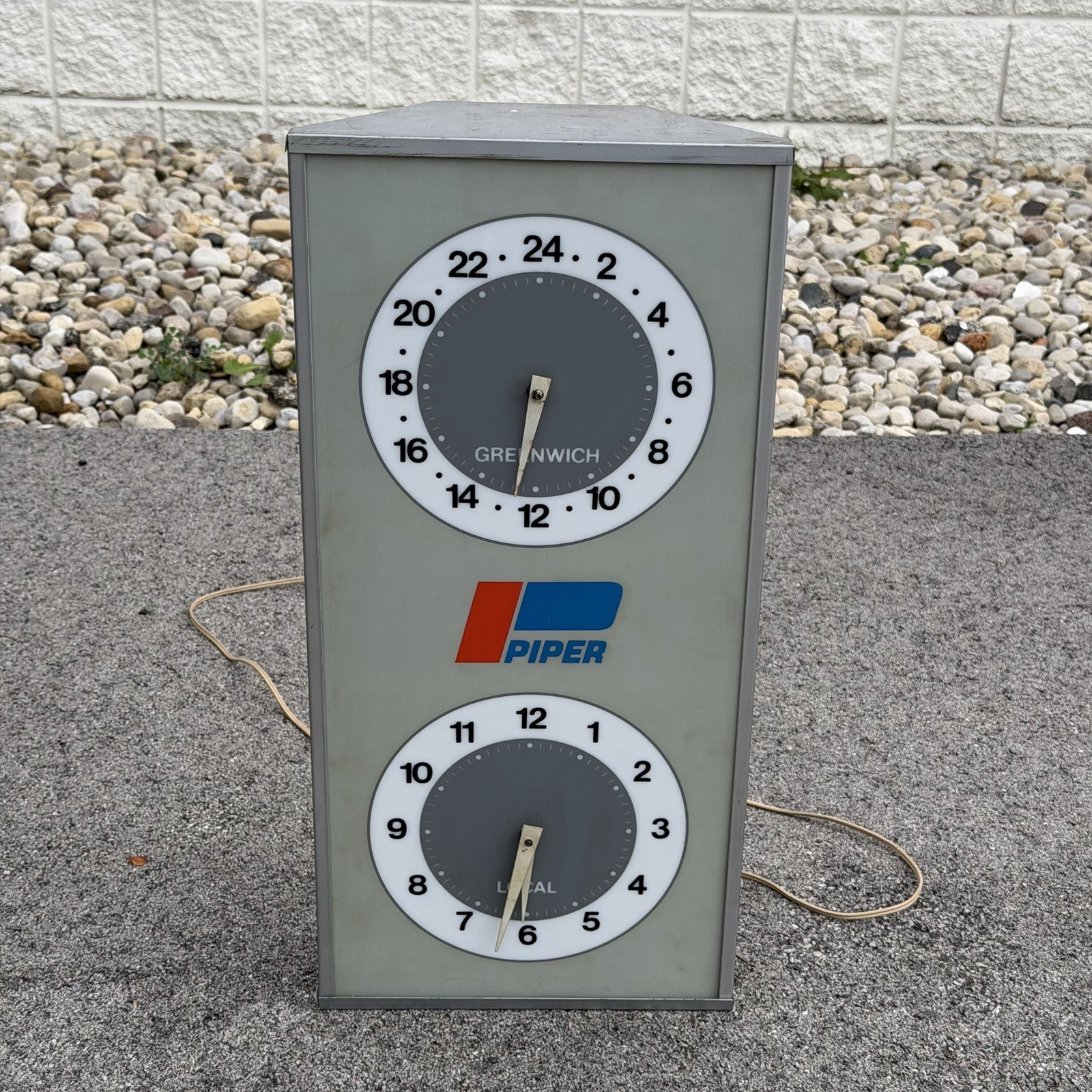 Vintage Piper Aircraft Lighted Greenwich Local Dual Clock Sign For Repair