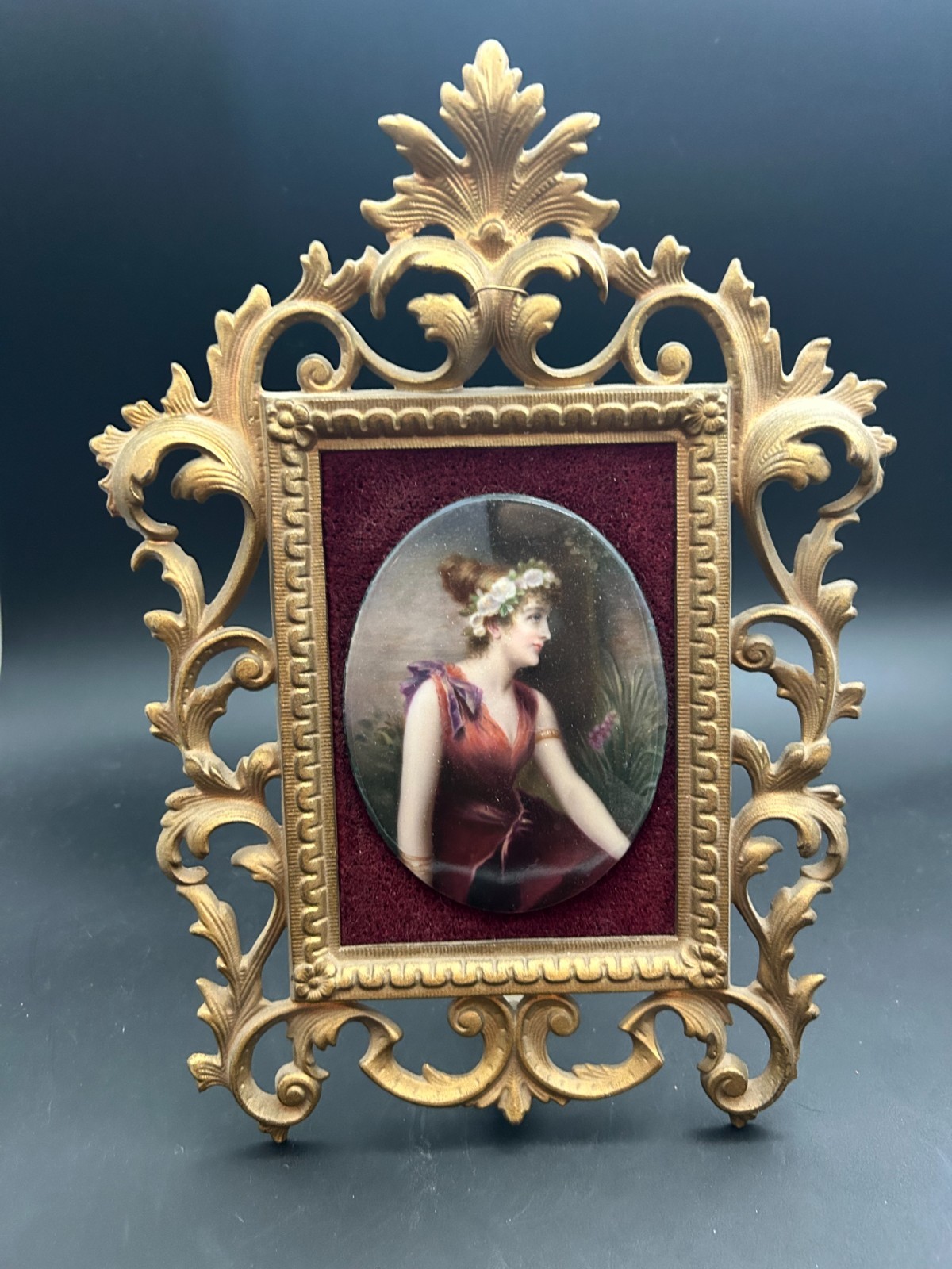 Antique KPM Style Hand Painted Porcelain Portrait Plaque Ornate Gilt Brass Frame