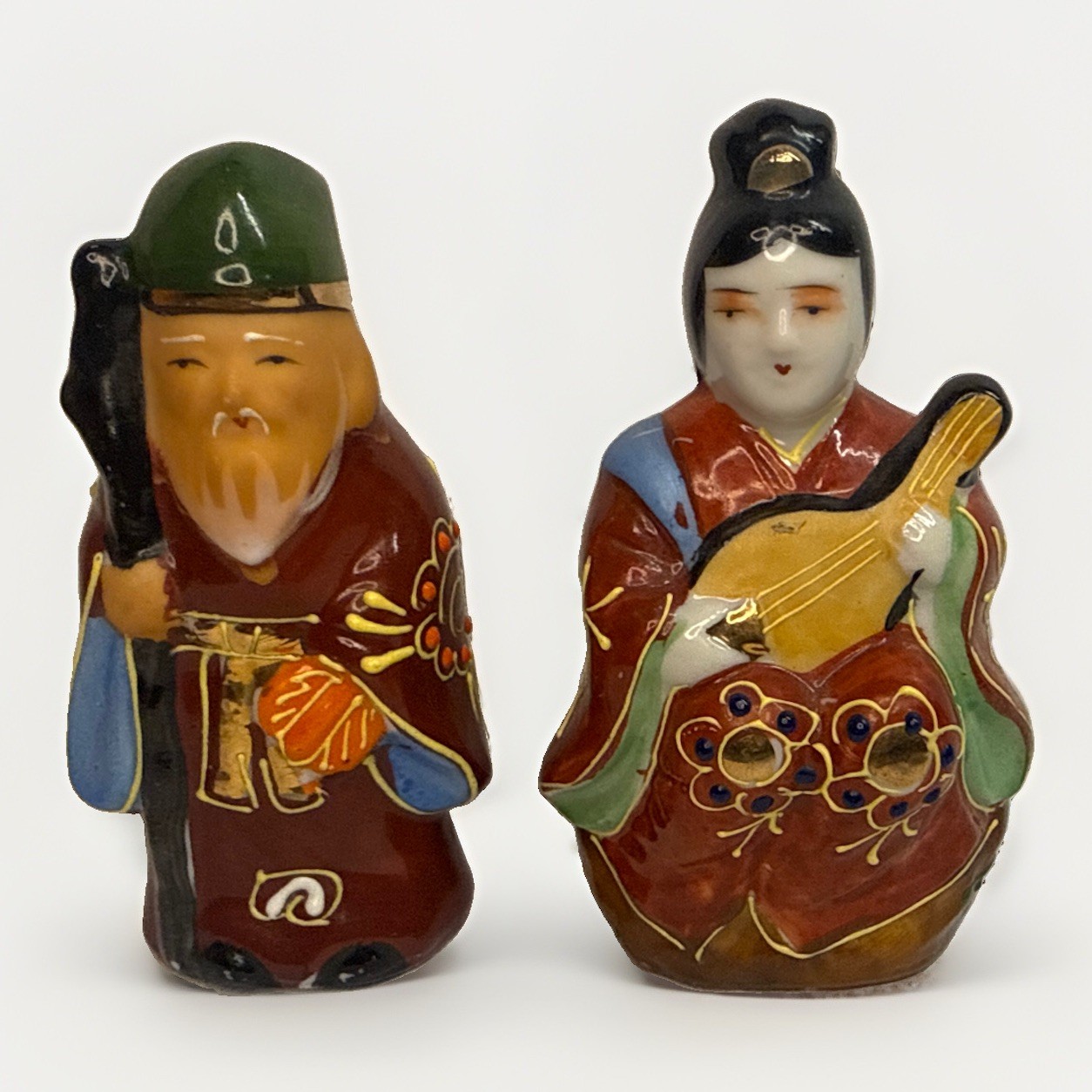 VTG Japan Kutani Moriage Figures Seven Lucky Gods Jurojin Benzaiten Signed