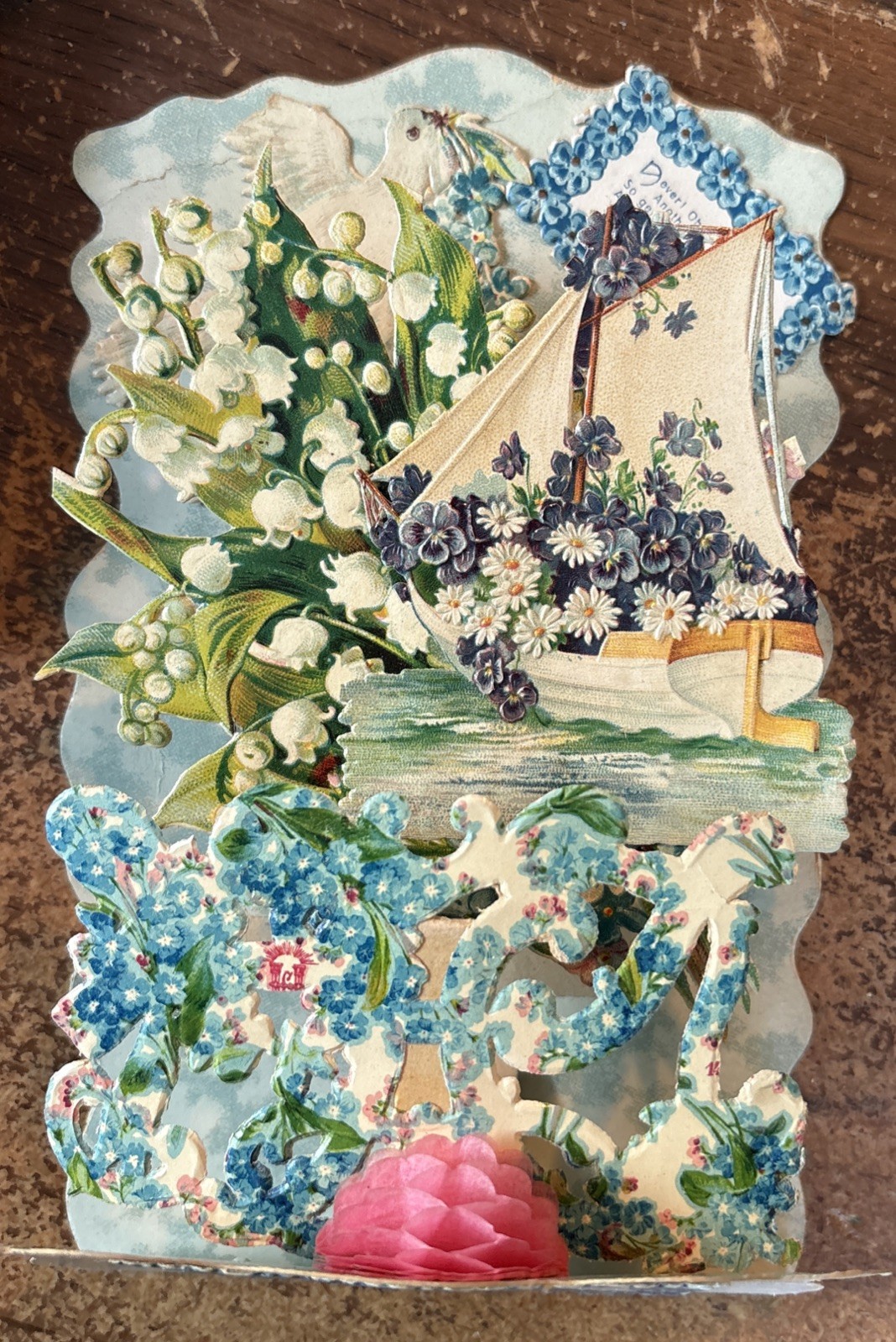 Antique German Mechanical Valentine Card 3D Pop Up Dove Daisies Forget Me Not